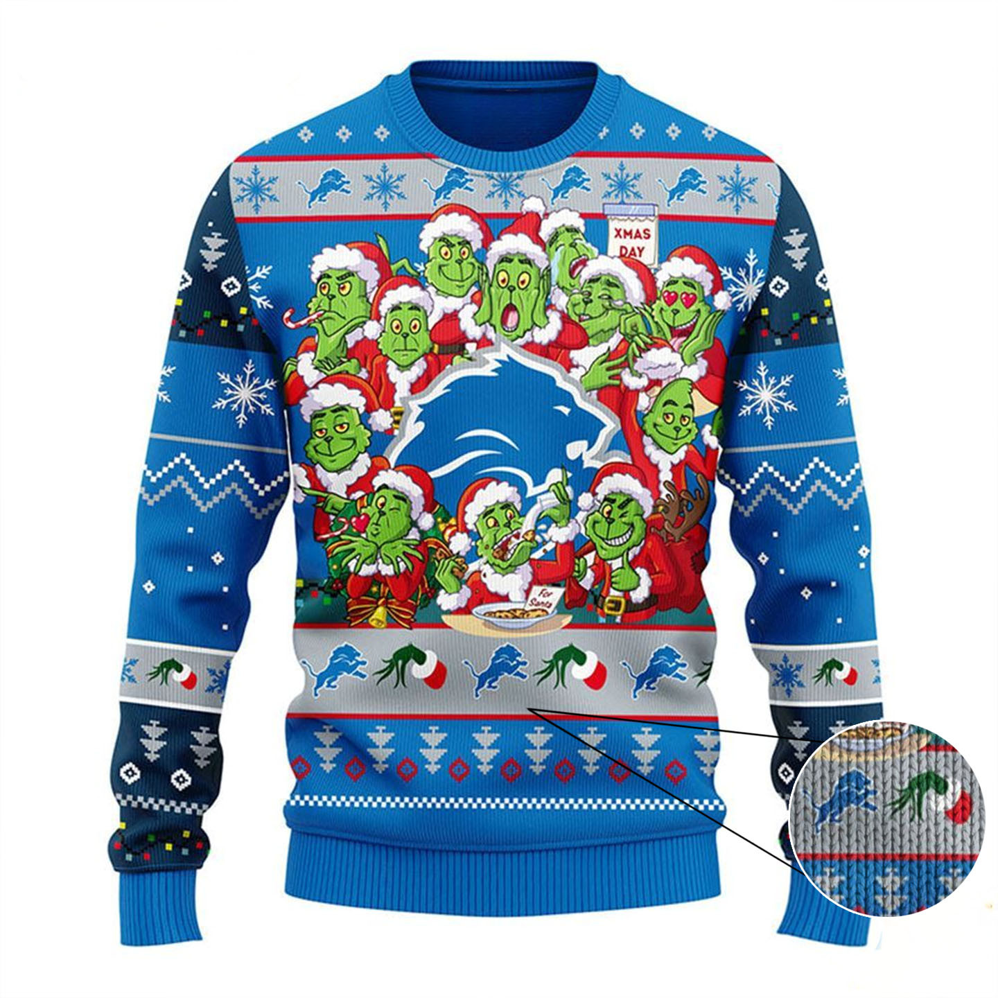 Detroit Lions Christmas Ugly Sweater Print 12 Grinch Xmas Day Football Team Sweater
