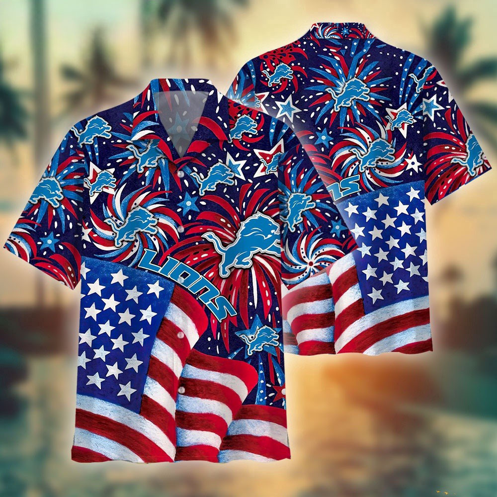 Detroit Lions Hawaiian Shirt American Flag Shirt Gifts For Football Fan