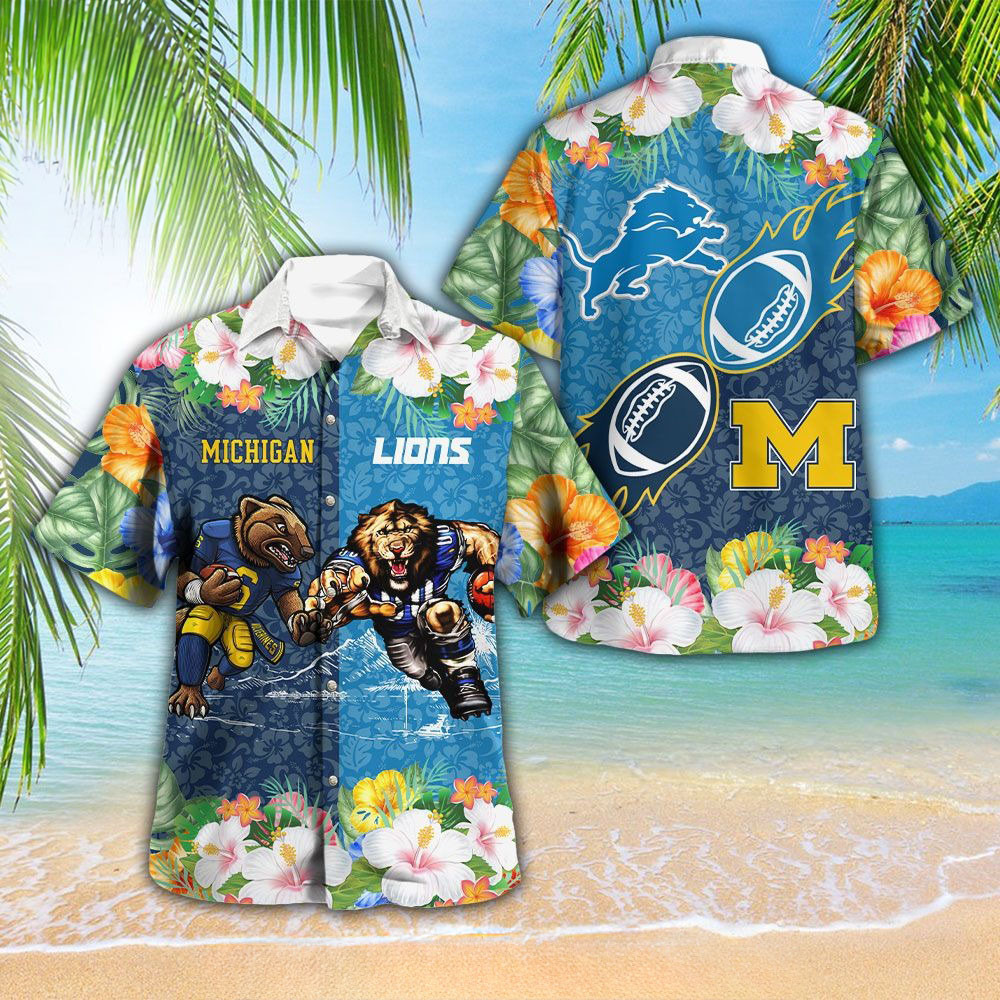 Detroit Lions Hawaiian Shirt Michigan Wolverines Football x Detroit Lions Shirt