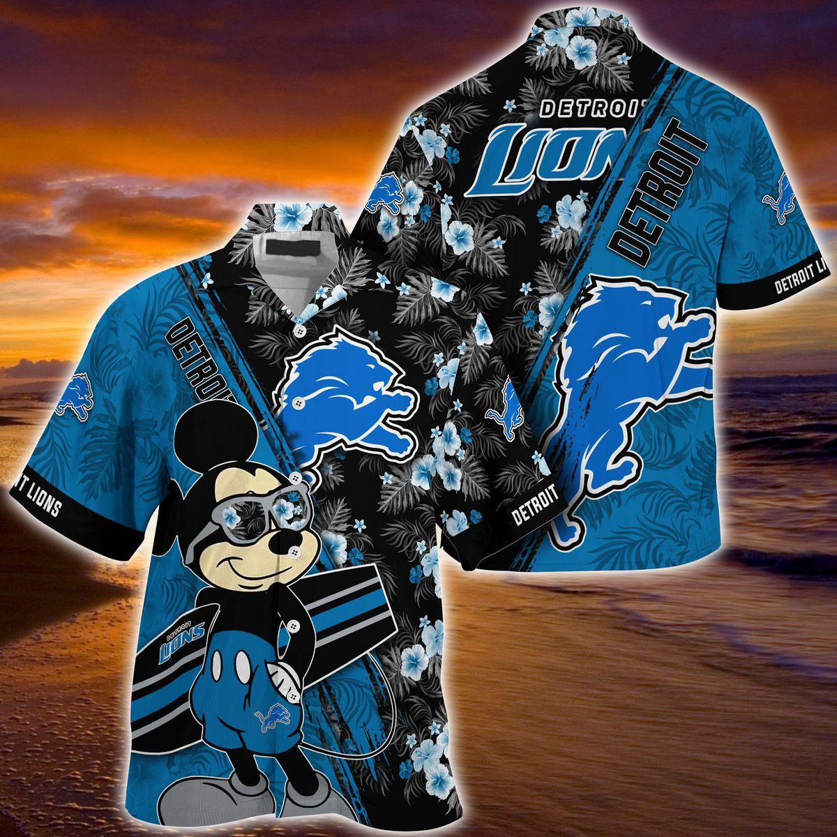 Detroit Lions Hawaiian Shirt Mickey And Floral Detroit Lions NFL Summer Shirt