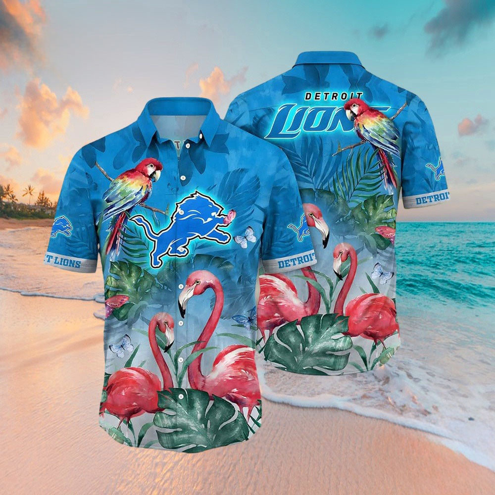 Detroit Lions Hawaiian Shirt NFL Detroit Lions 2024 Flamingo And Parrot Shirt Gifts For Fan