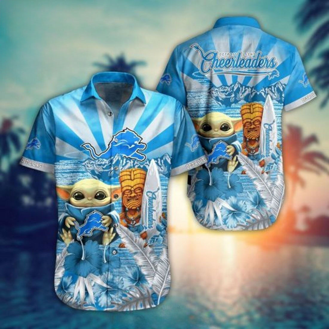 Detroit Lions Hawaiian Shirt NFL Detroit Lions Baby Yoda Blue Button Up Shirt Fan Gifts
