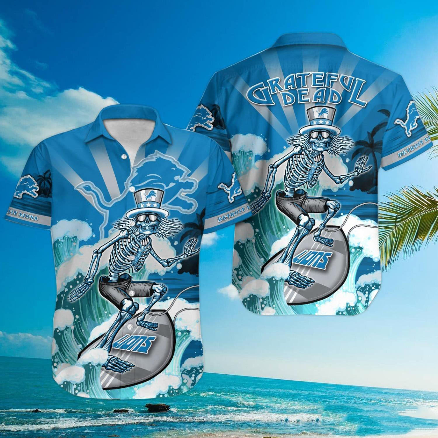 Detroit Lions Hawaiian Shirt NFL Detroit Lions Surfing Skeleton Shirt Gifts For Fan