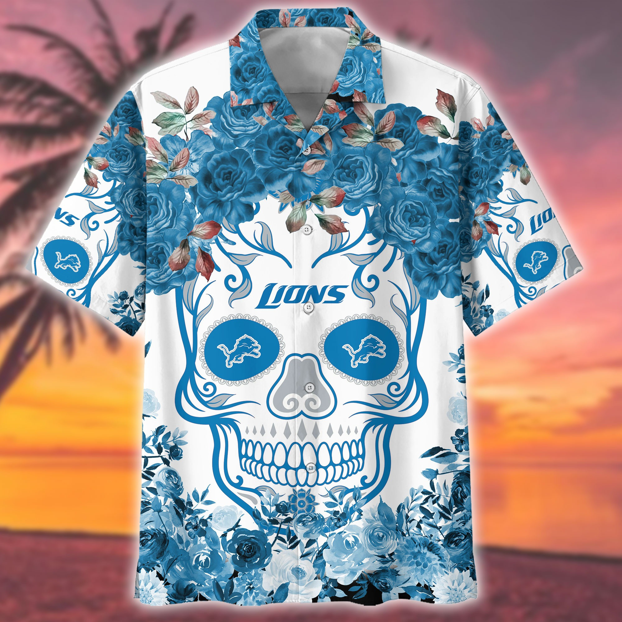 Detroit Lions Hawaiian Shirt NFL Flower Skull Shirt Gifts For Football Lovers
