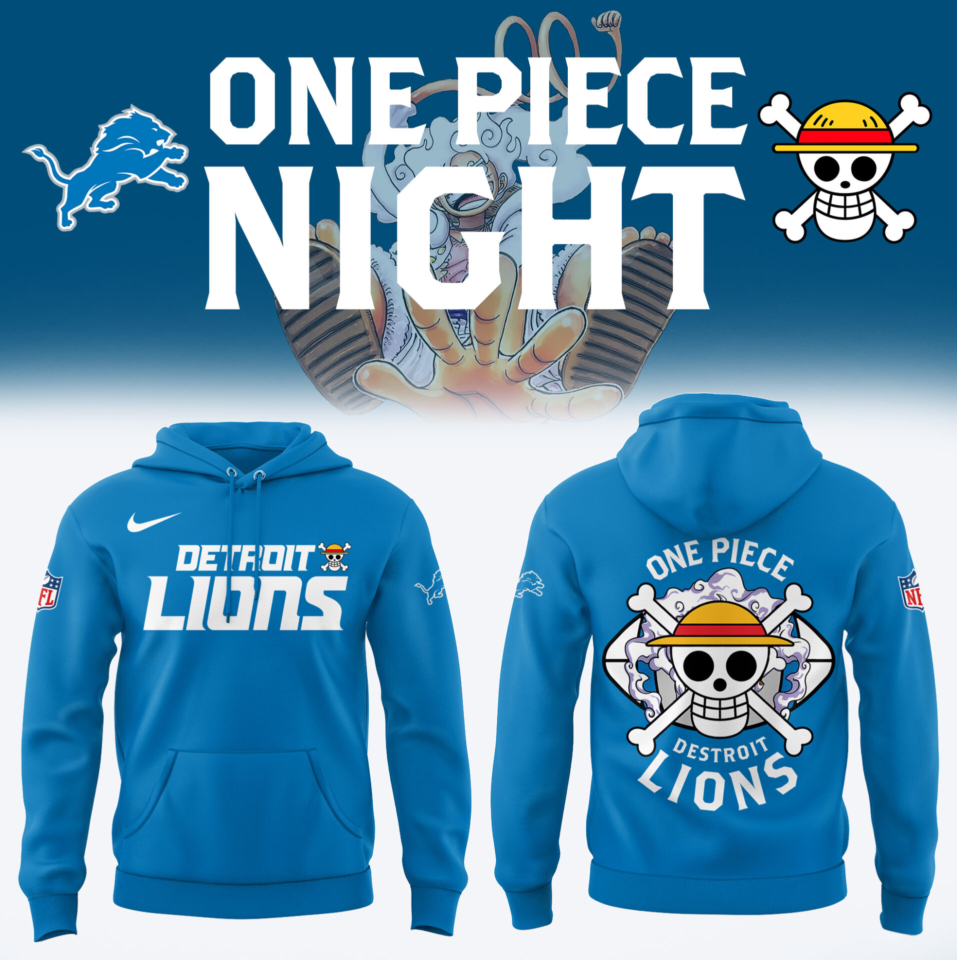 Detroit Lions One Piece Night Royal Hoodie Limited Edition Best Gift For Football Fans