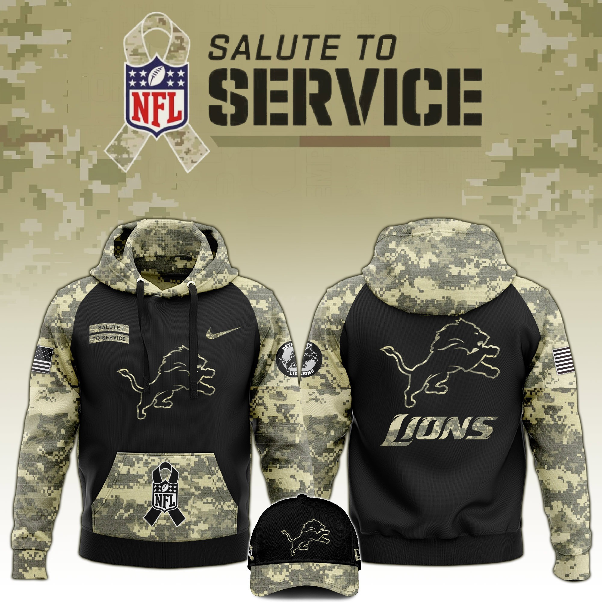 Detroit Lions Salute to Service Club Limited Camo Hoodie And Hat Best Gift For Football Fans