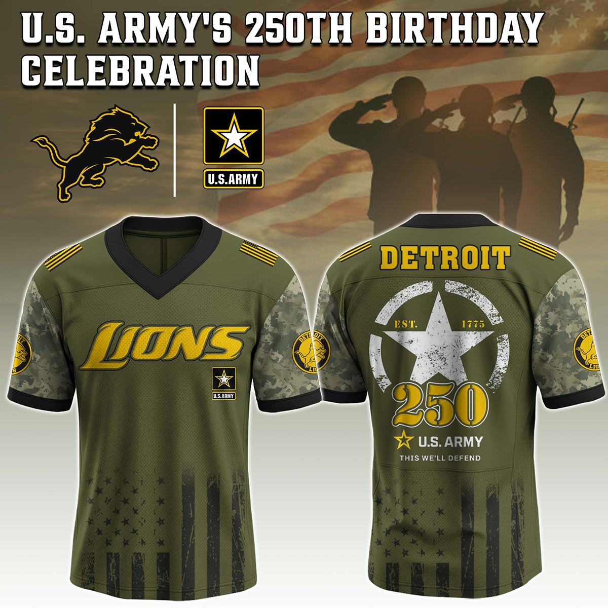 Detroit Lions US Army 250th Football Jersey V-Neck Gift For Lions Supporters