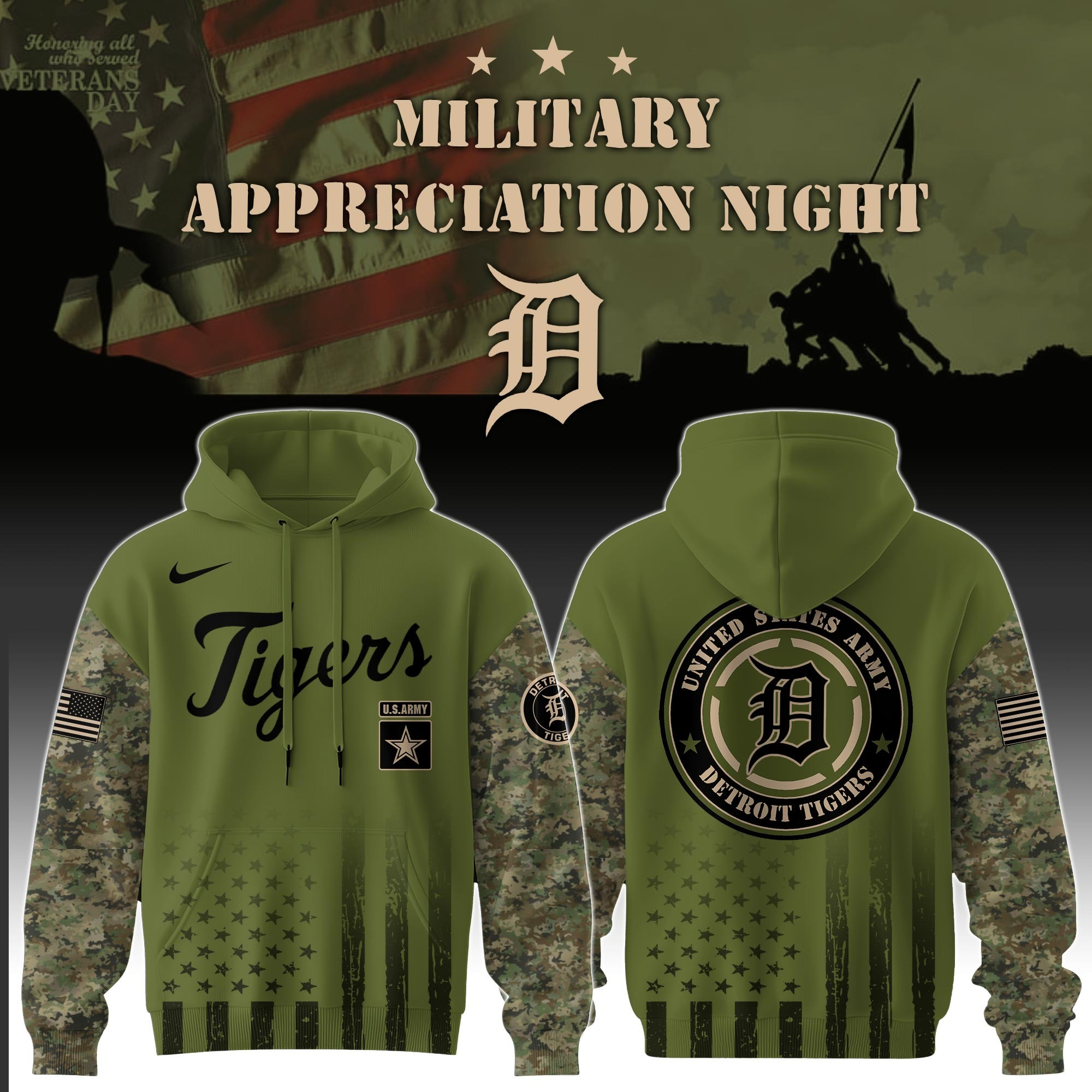 Detroit Tigers MLB X Army Military Appreciation Night Hoodie Camo Veteran Gifts For Fans