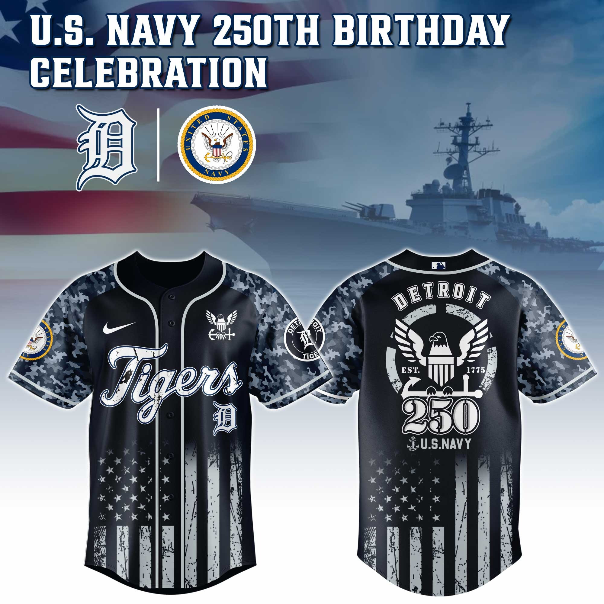 Detroit Tigers MLB x US NAVY 250th Birthday Jersey Best Gifts For Baseball Fans