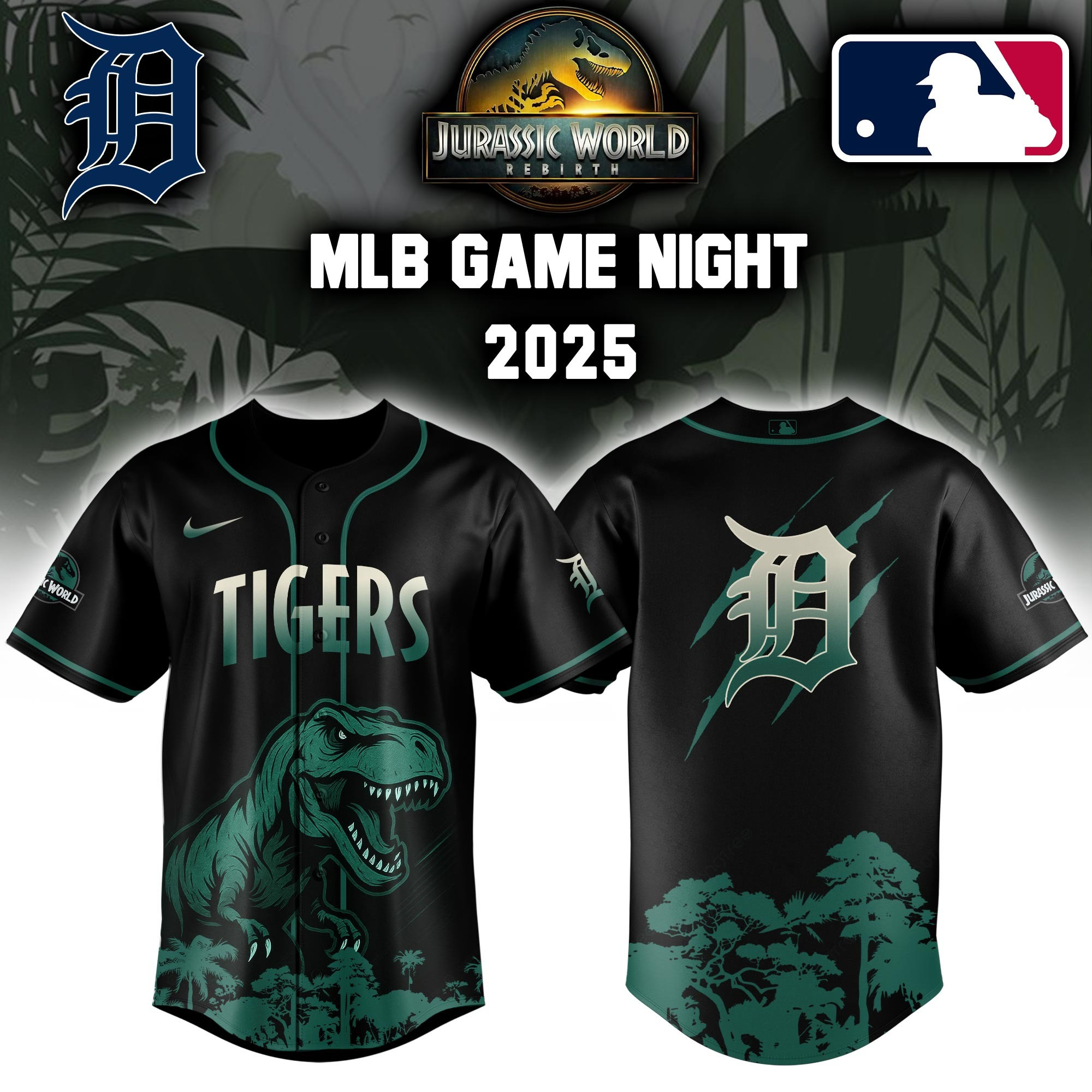 Detroit Tigers x Jurassic World Baseball Jersey Baseball Player Gift Ideas