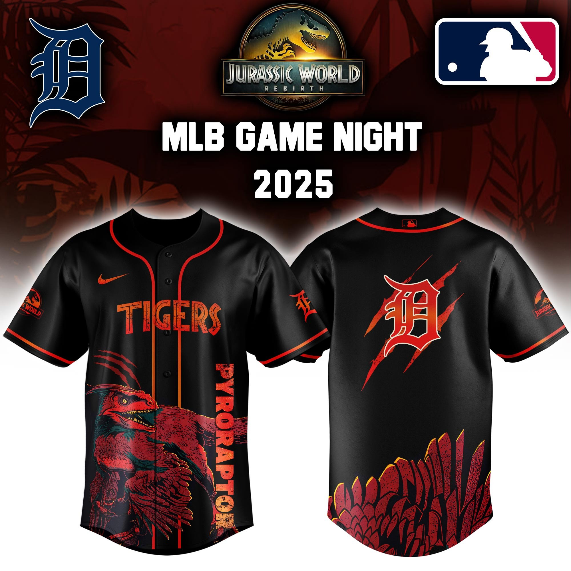 Detroit Tigers x Jurassic World Pyroraptor Baseball Jersey Collab 2025 Jersey Gifts For Fans