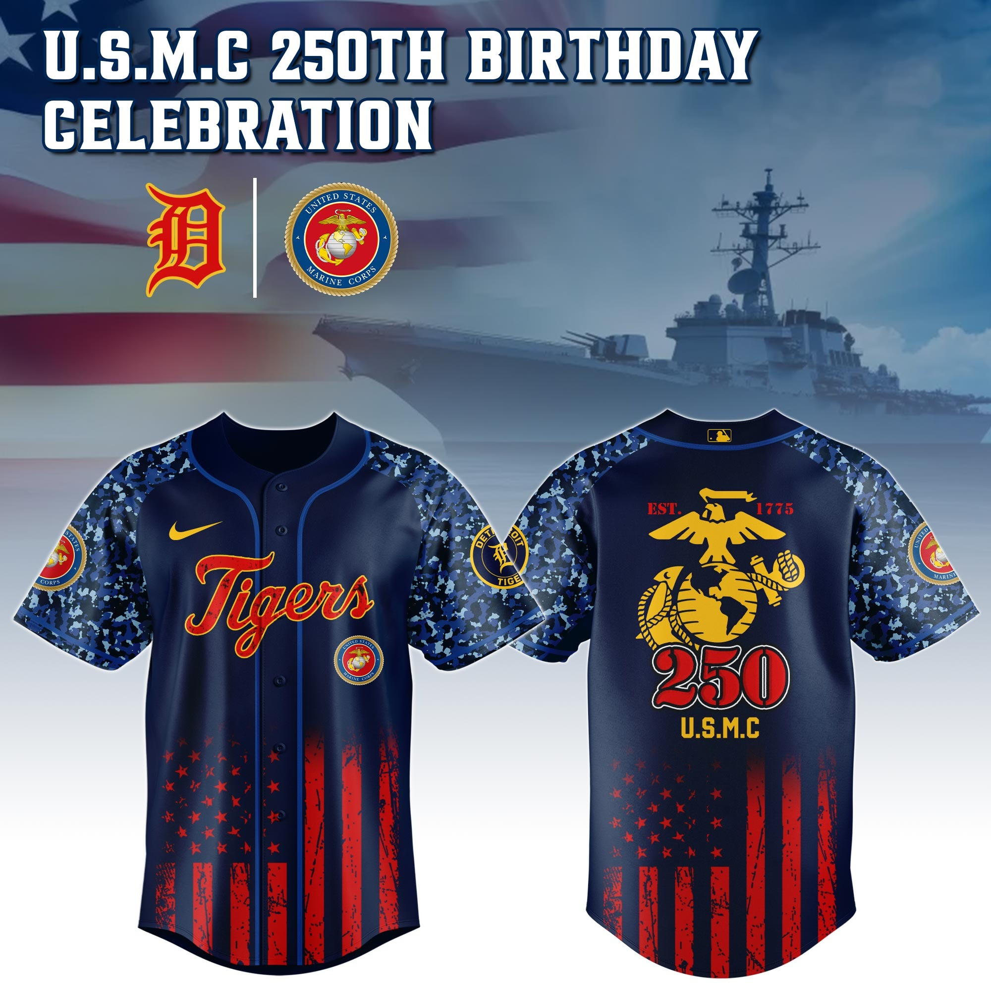 Detroit Tigers x US USMC 250th Birthday Jersey Gifts For Baseball Lovers