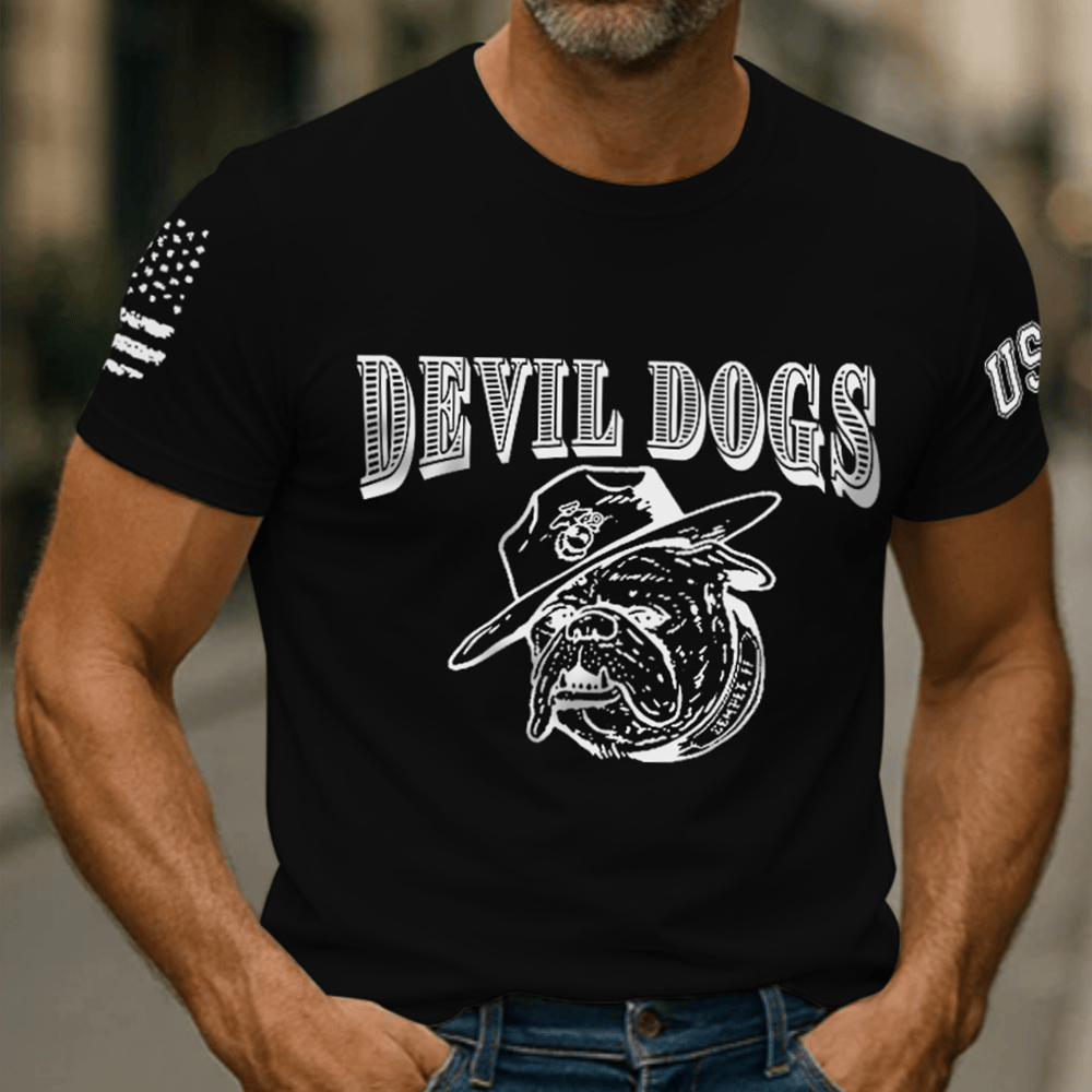 Devil Dog US Marines Black T-Shirt American Flag Veteran Shirt Gifts For Marine Veterans