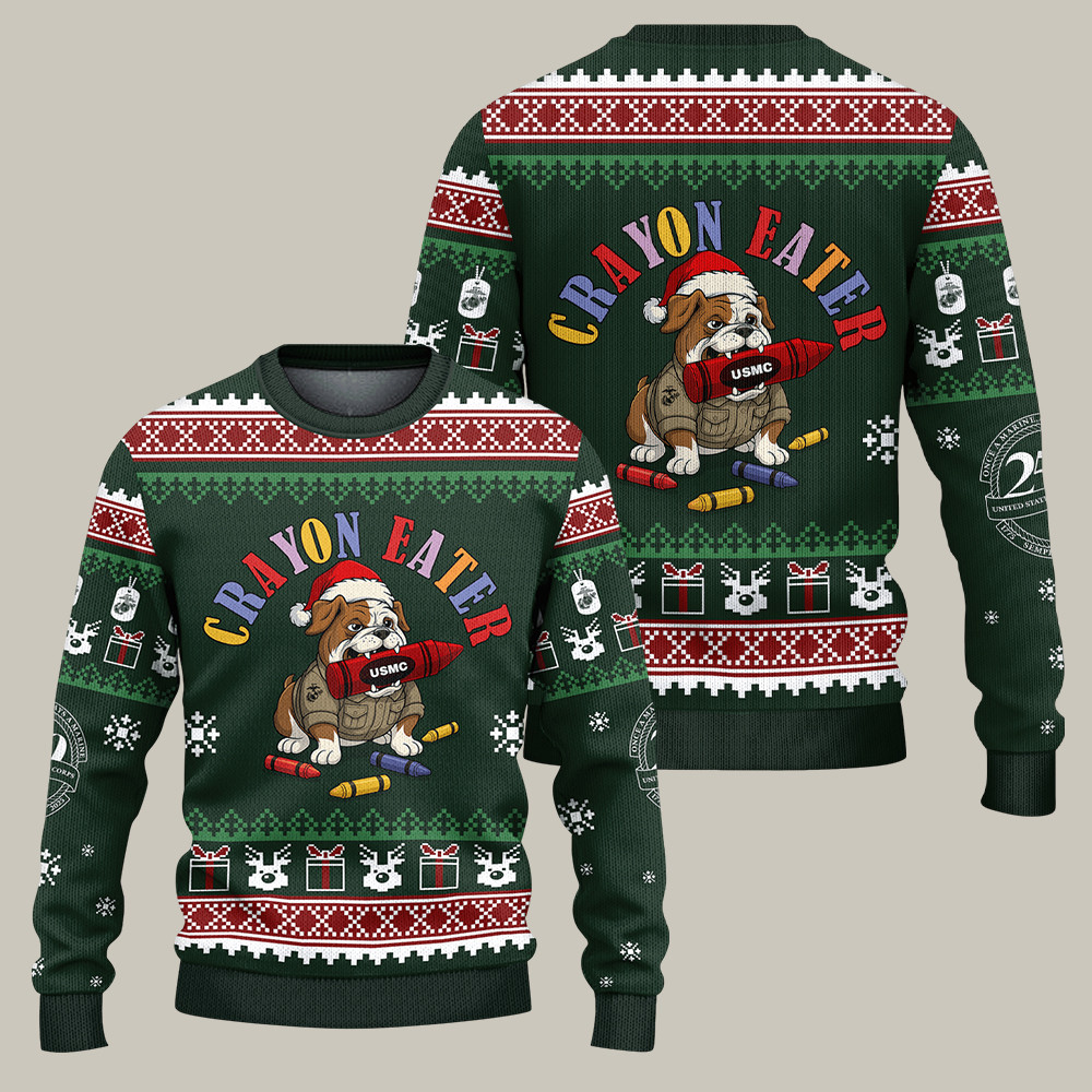 Devil Dog USMC 250th Anniversary Ugly Christmas Sweater Crayon Eater Gifts For Veterans