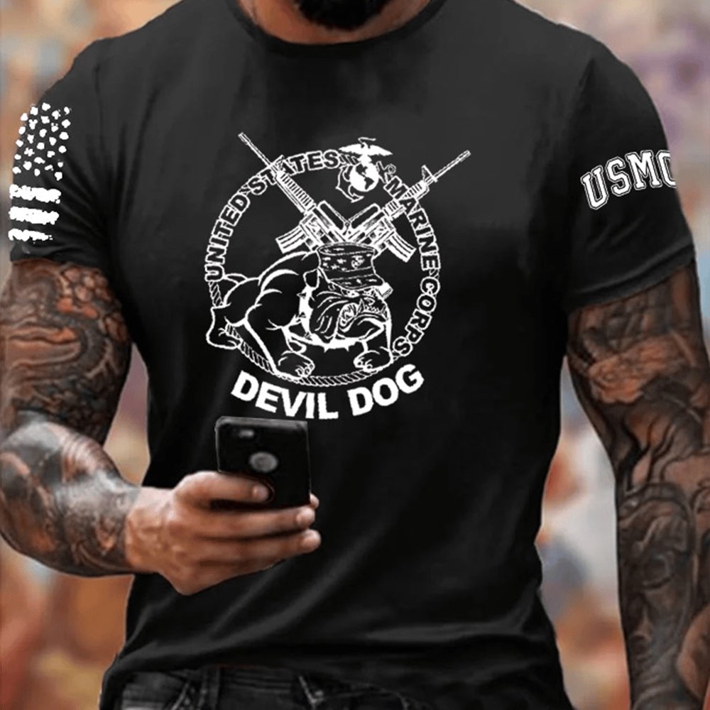 Devil Dog USMC 250th Birthday Black T-Shirt American Flag Shirt United States Marine Gifts