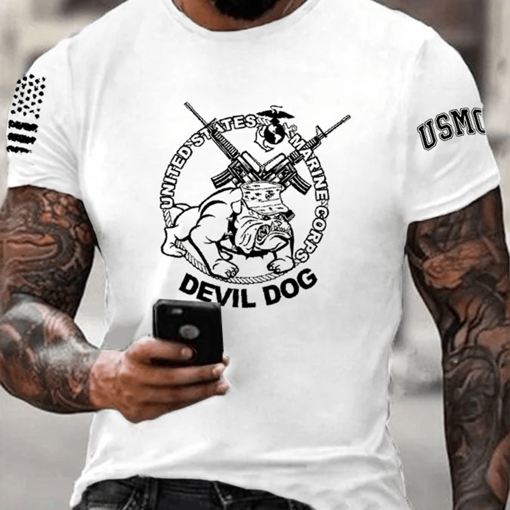 Devil Dog USMC 250th Birthday White T-Shirt American Flag Shirt United States Marine Gifts