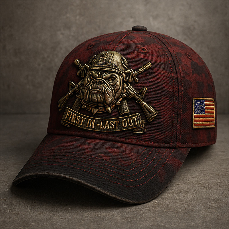 Devil Dog USMC Veteran Camo Hat First In Last Out American Flag Cap Marines Gift Ideas