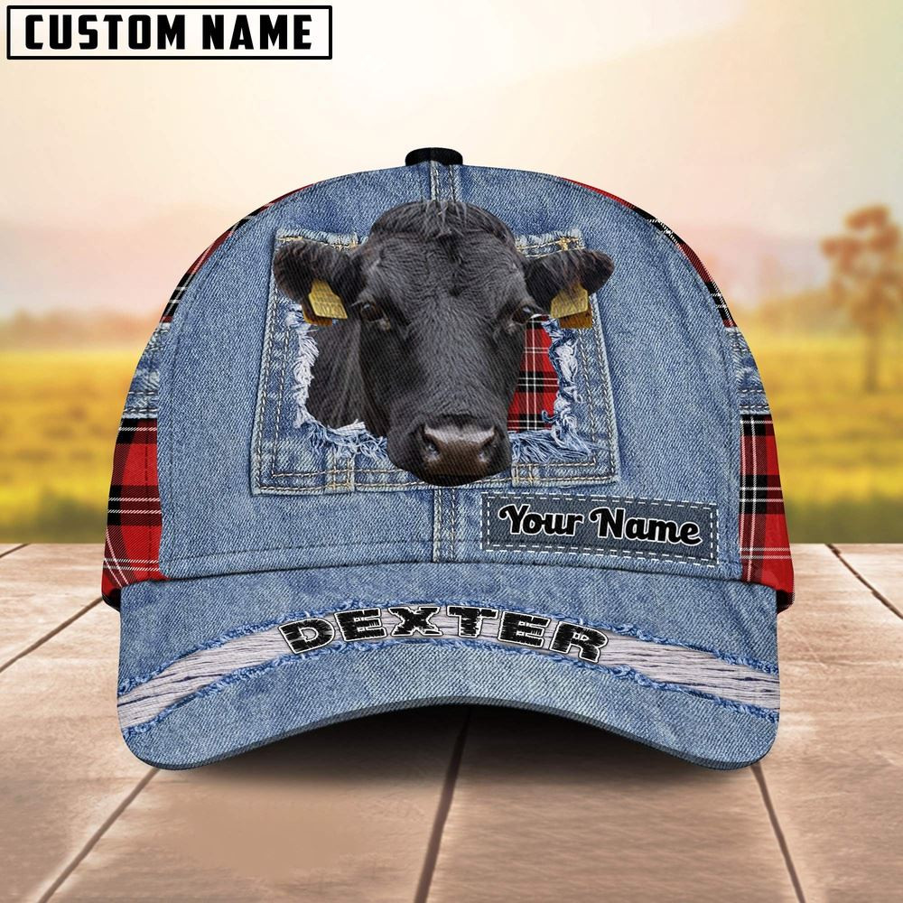 Dexter Overall Jeans Pattern And Red Caro Pattern Customized Name CapFarmer Baseball Cap Gift For Farmer