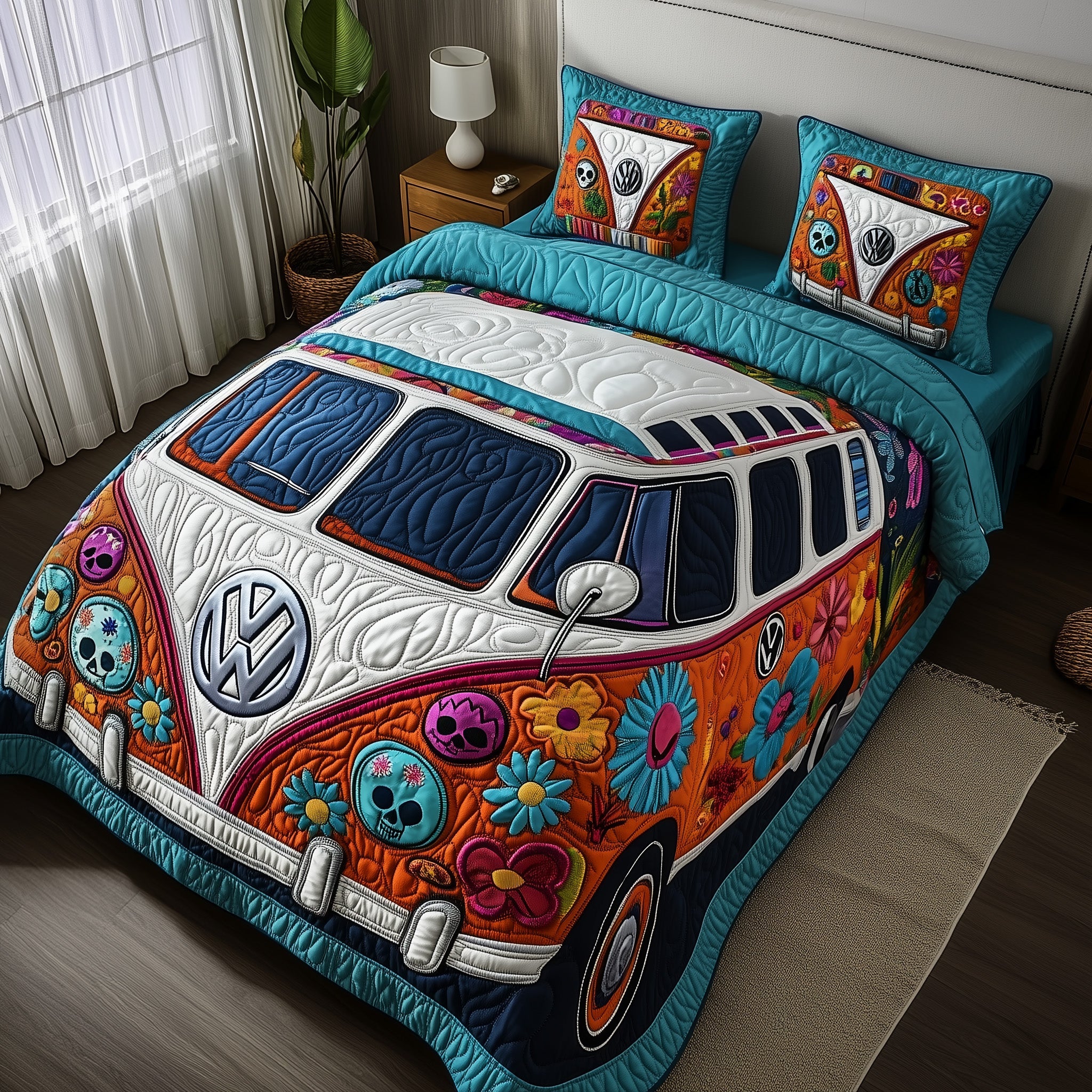 Dia De Los Muertos Camper Quilted Bedding Set Floral Mexican Van Festival Bedding Decor Gifts
