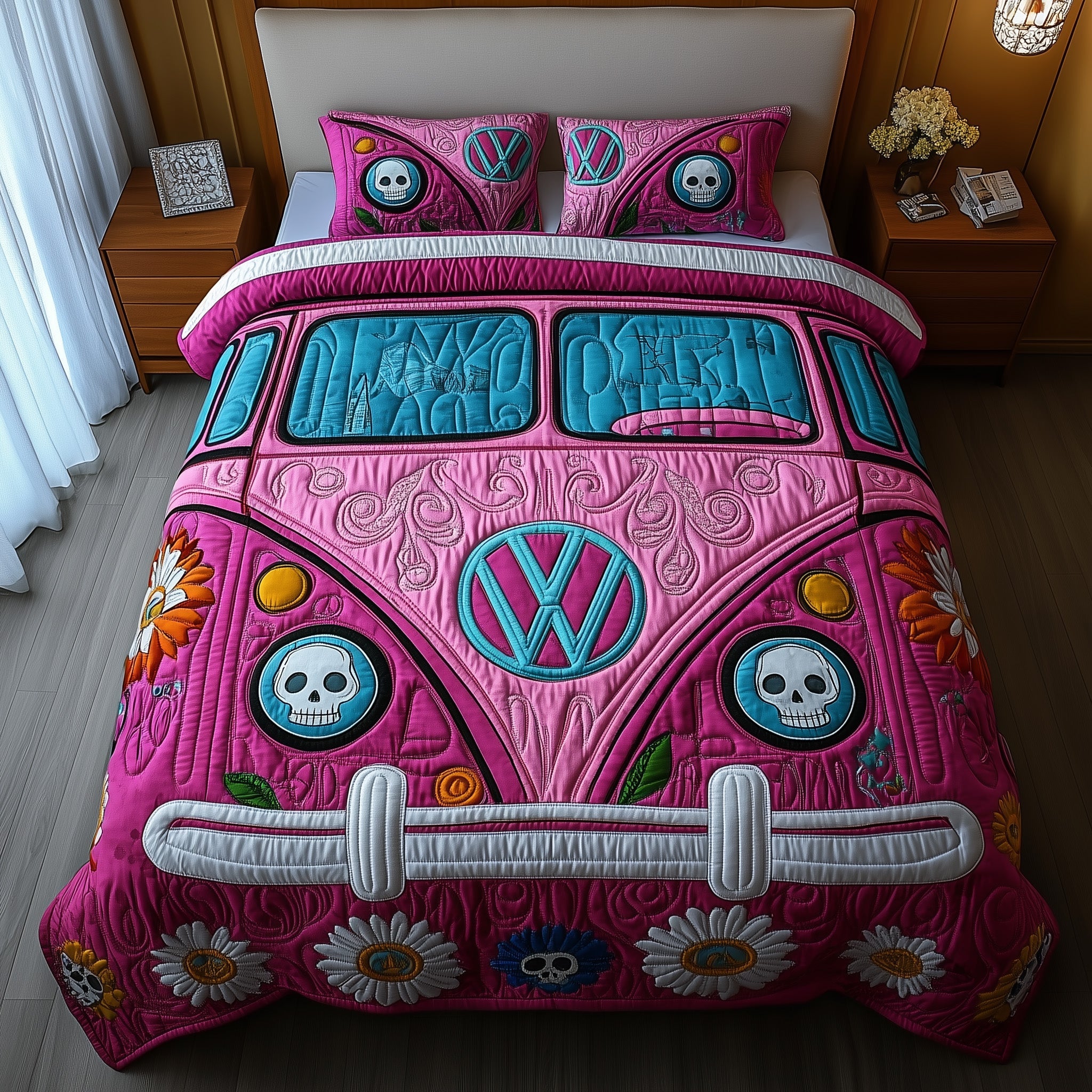Dia De Los Muertos Camper Quilted Bedding Set Mexican Driving Decor Festival Bedding Gifts
