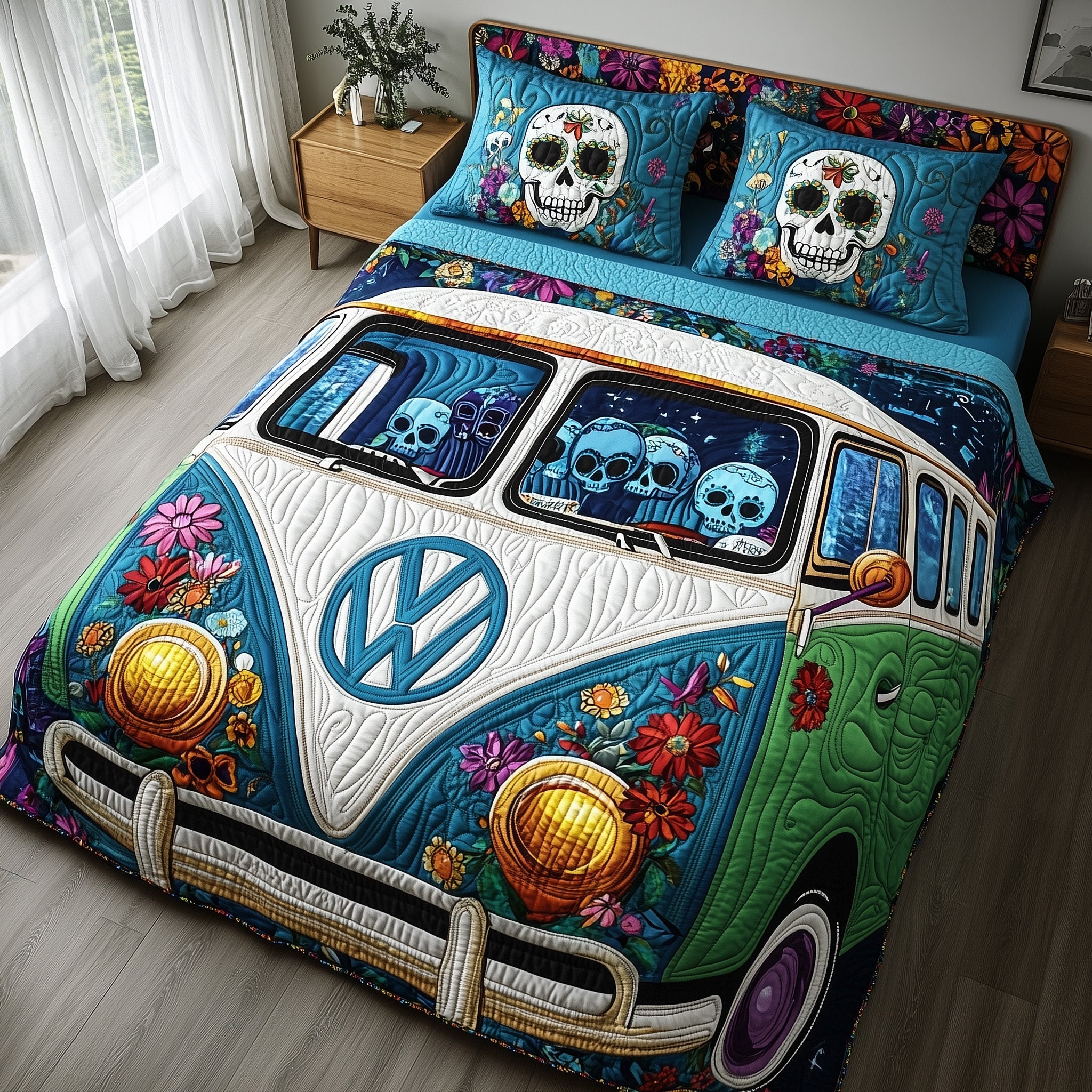 Dia De Los Muertos Camper Quilted Bedding Set Mexican Festival Bedding Decor Gift Ideas