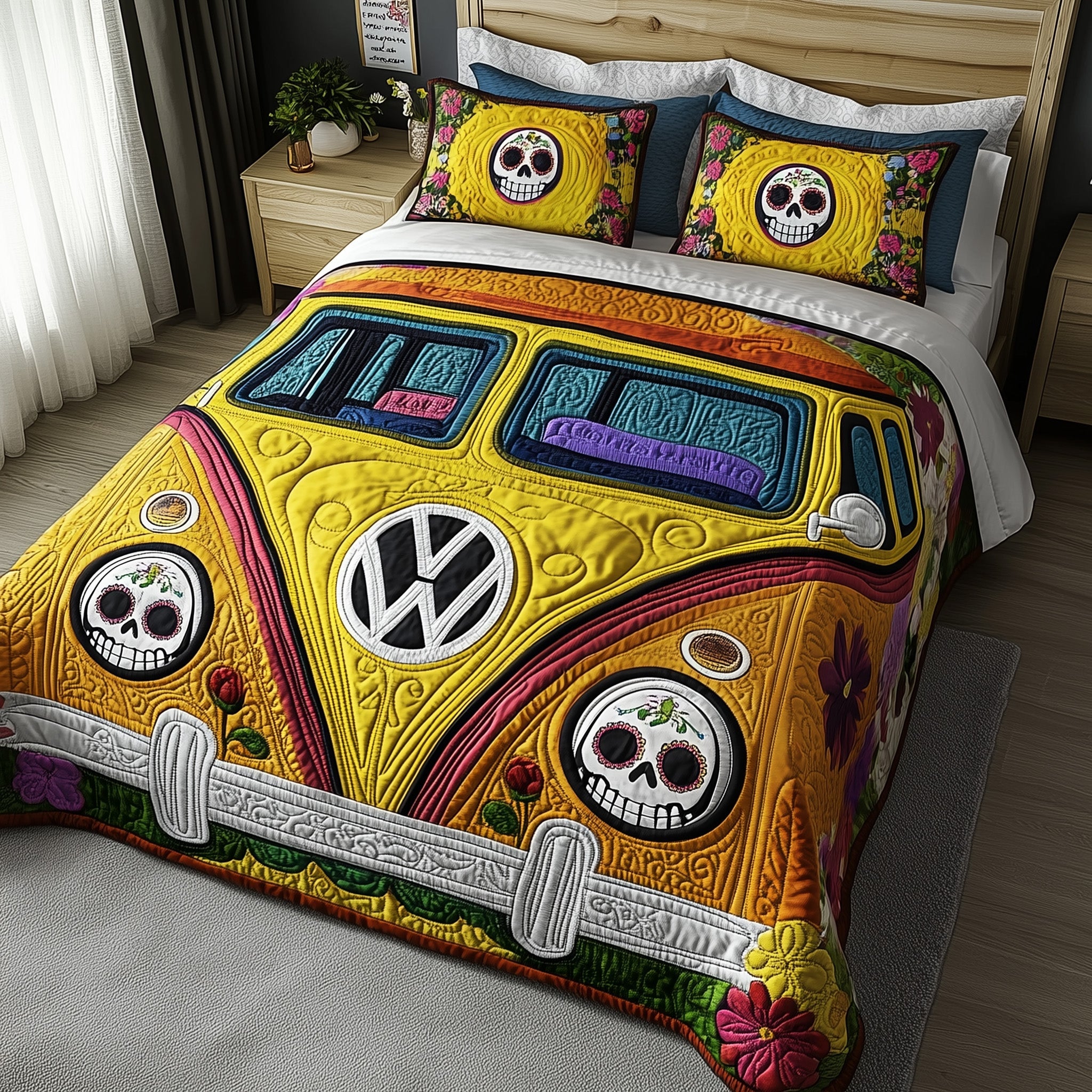 Dia De Los Muertos Camper Quilted Bedding Set Mexican Hippie Van Festival Bedding Decor Gifts