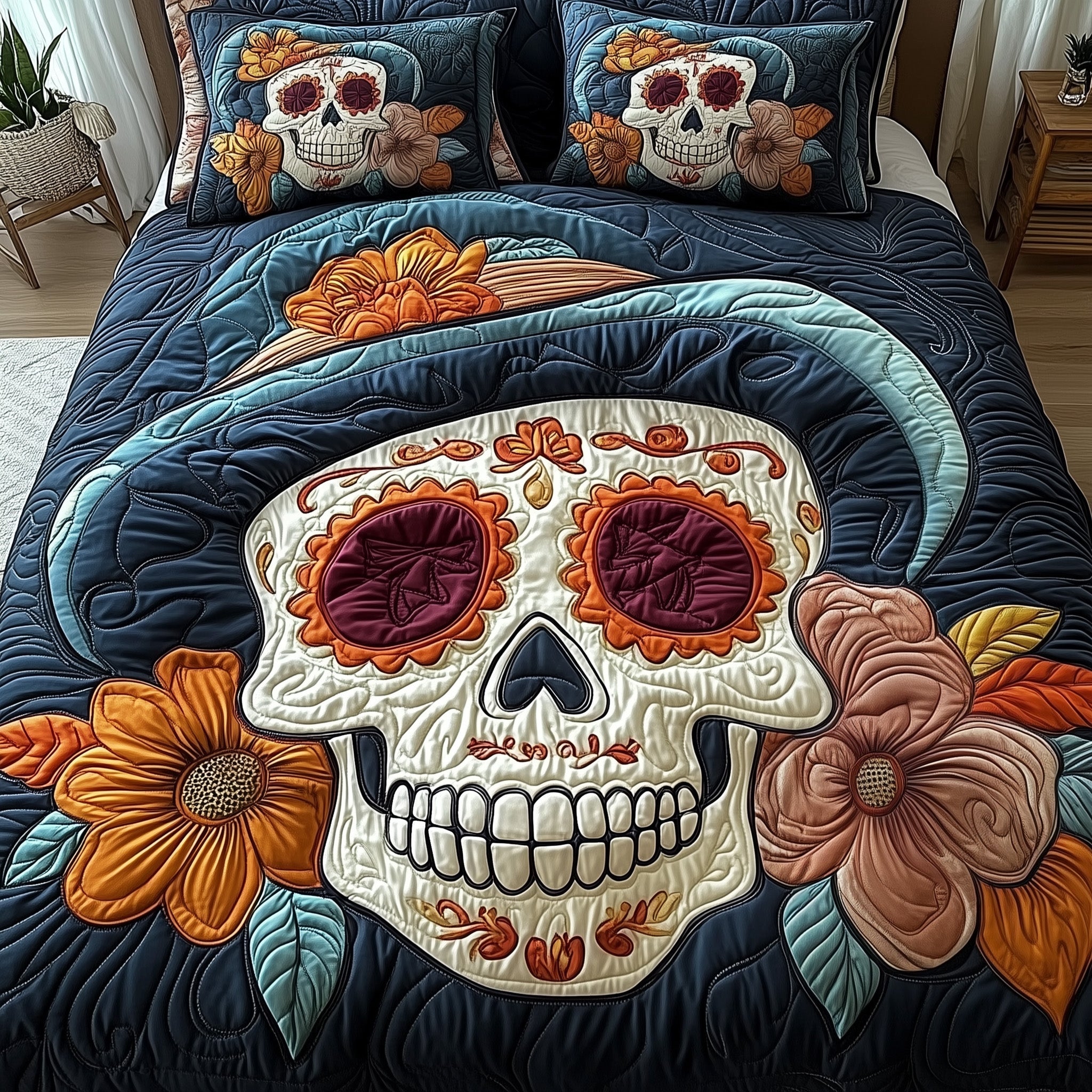 Dia De Los Muertos Quilted Bedding Set Mexican Day Of The Dead Decor Gift Ideas