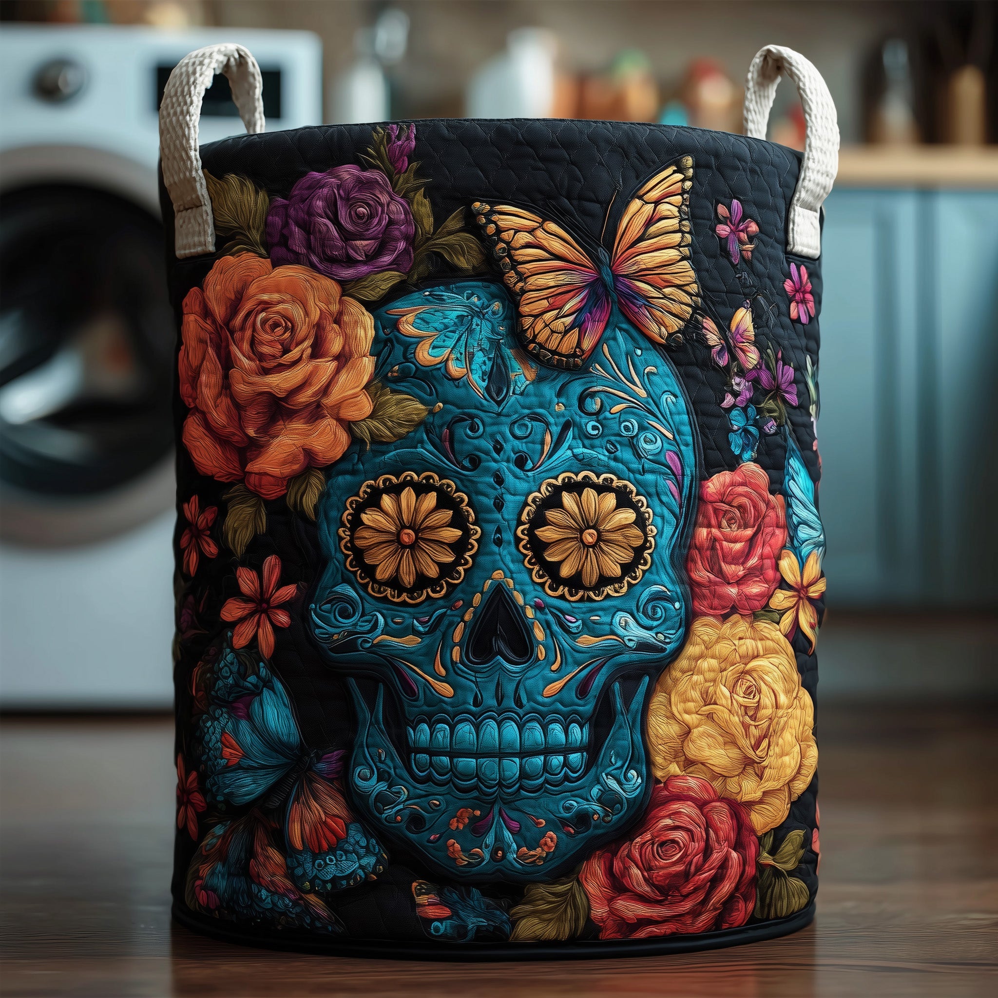 Dia De Los Muertos Quilted Laundry Basket Beautiful Flower With Skull Gift For Her