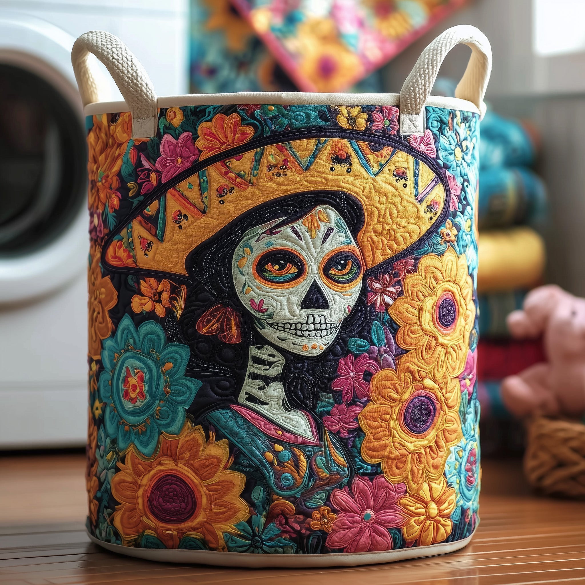Dia De Los Muertos Quilted Laundry Basket Beautiful Skull Lady Best Gift For Mom
