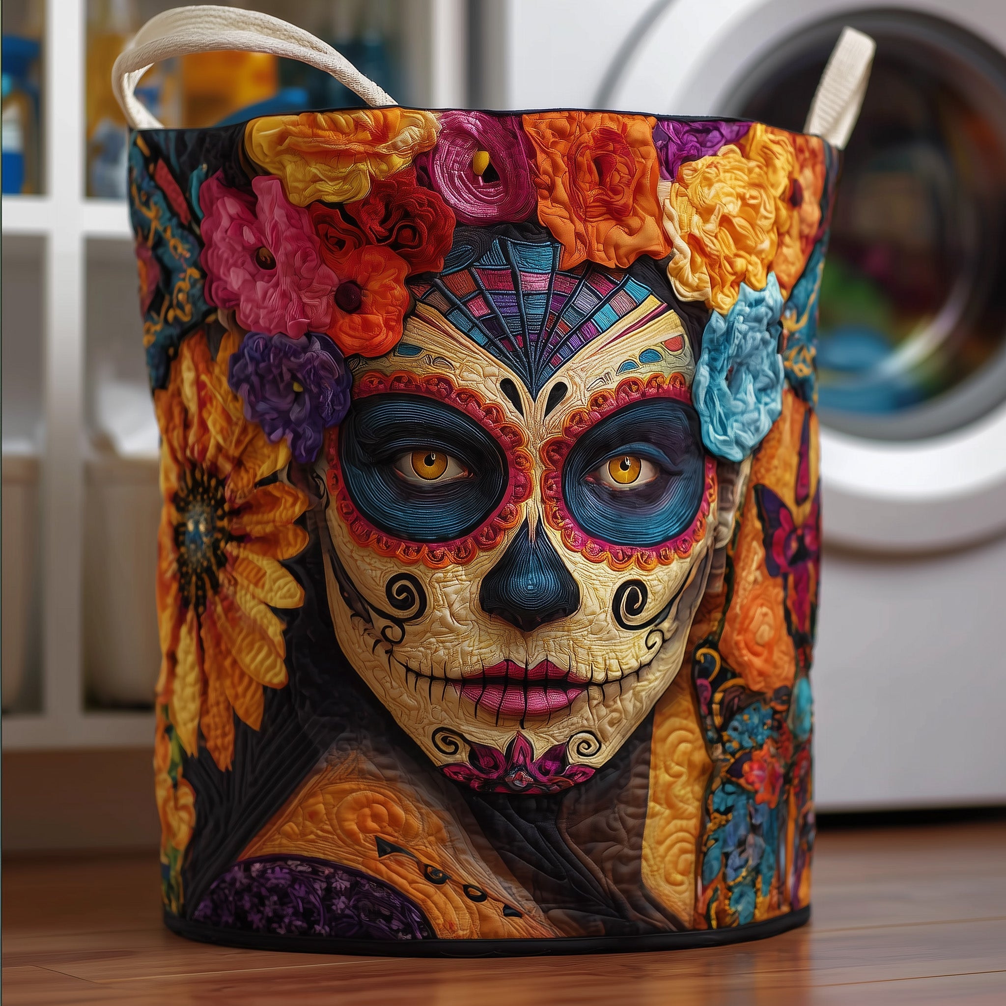 Dia De Los Muertos Quilted Laundry Basket Unique Beautiful She Skull Present For Her