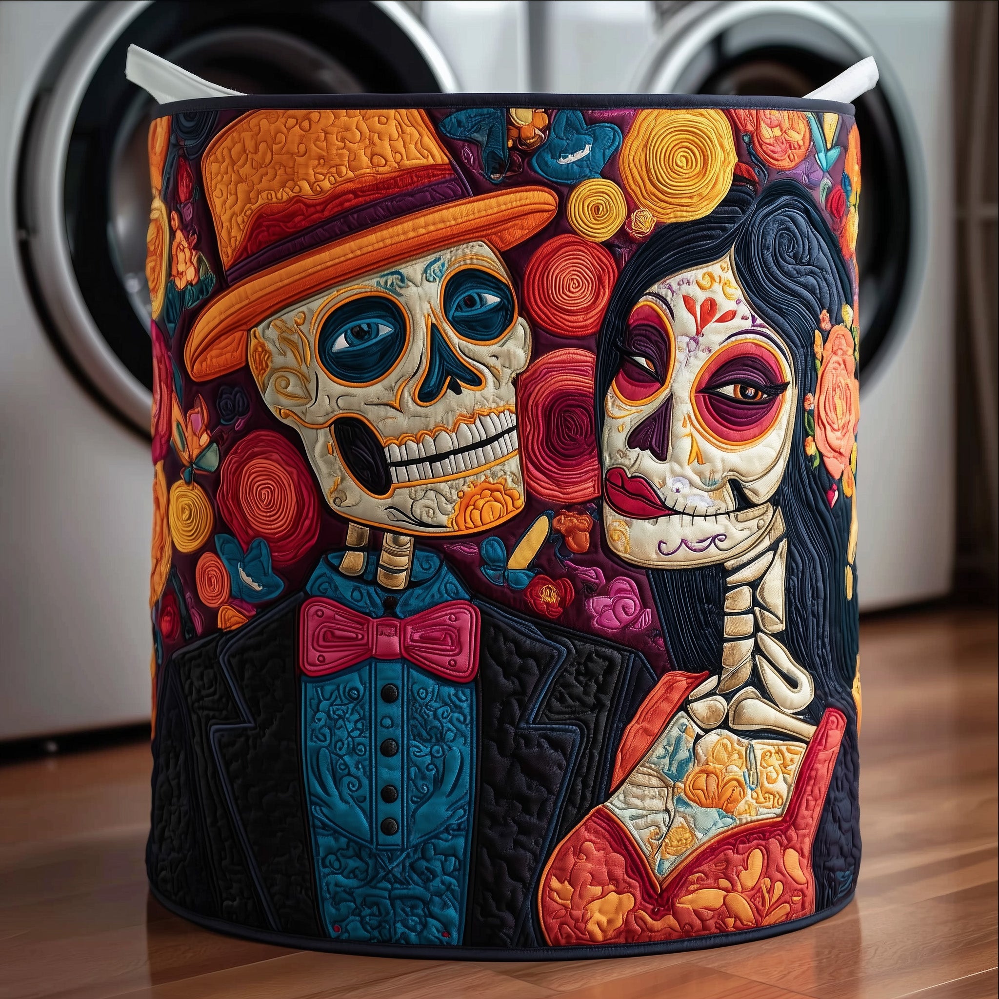 Dia De Los Muertos Quilted Laundry Basket Unique Skull Shape Present For Skull Enthusiasts