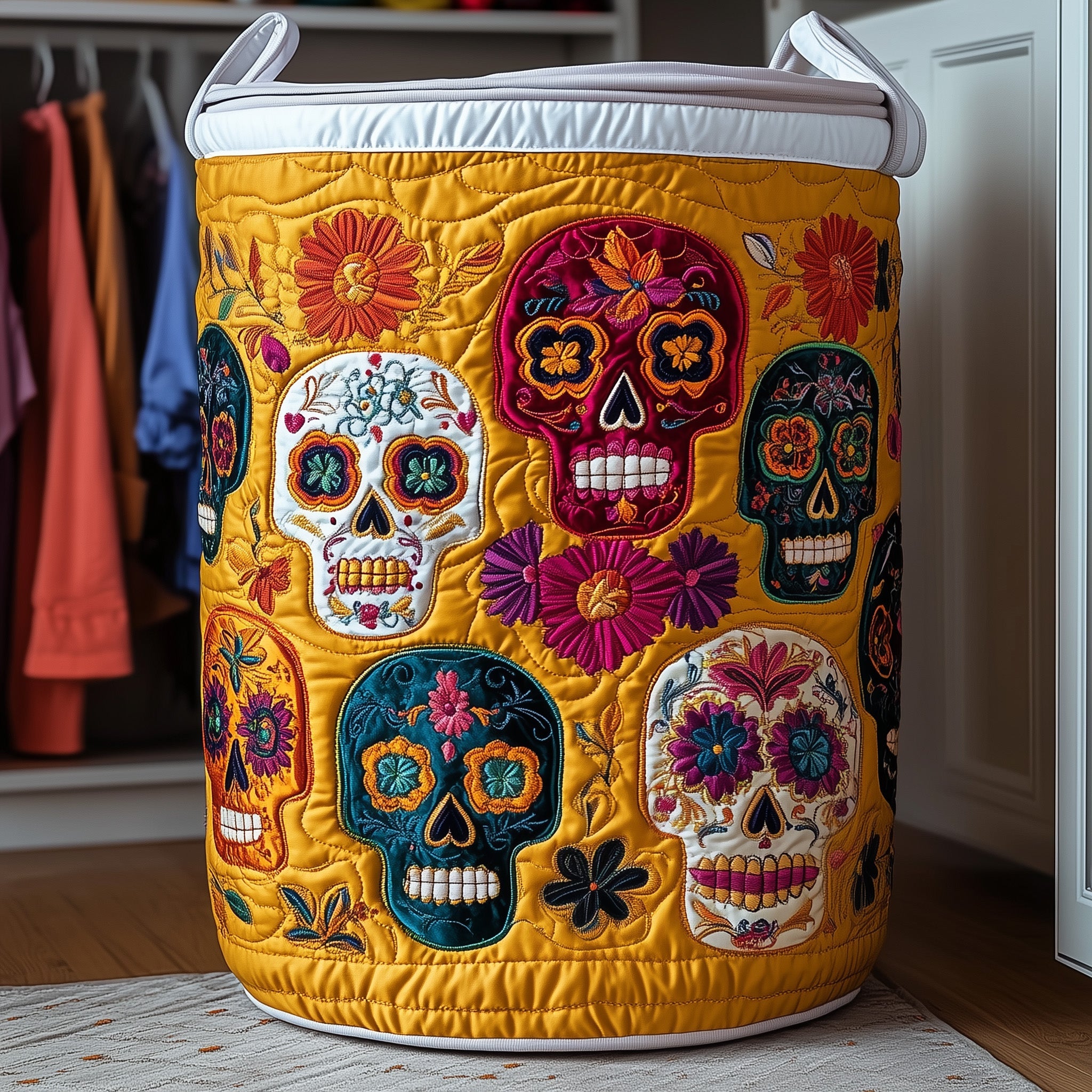 Dia De Muertos Quilted Laundry Basket Merch For Family