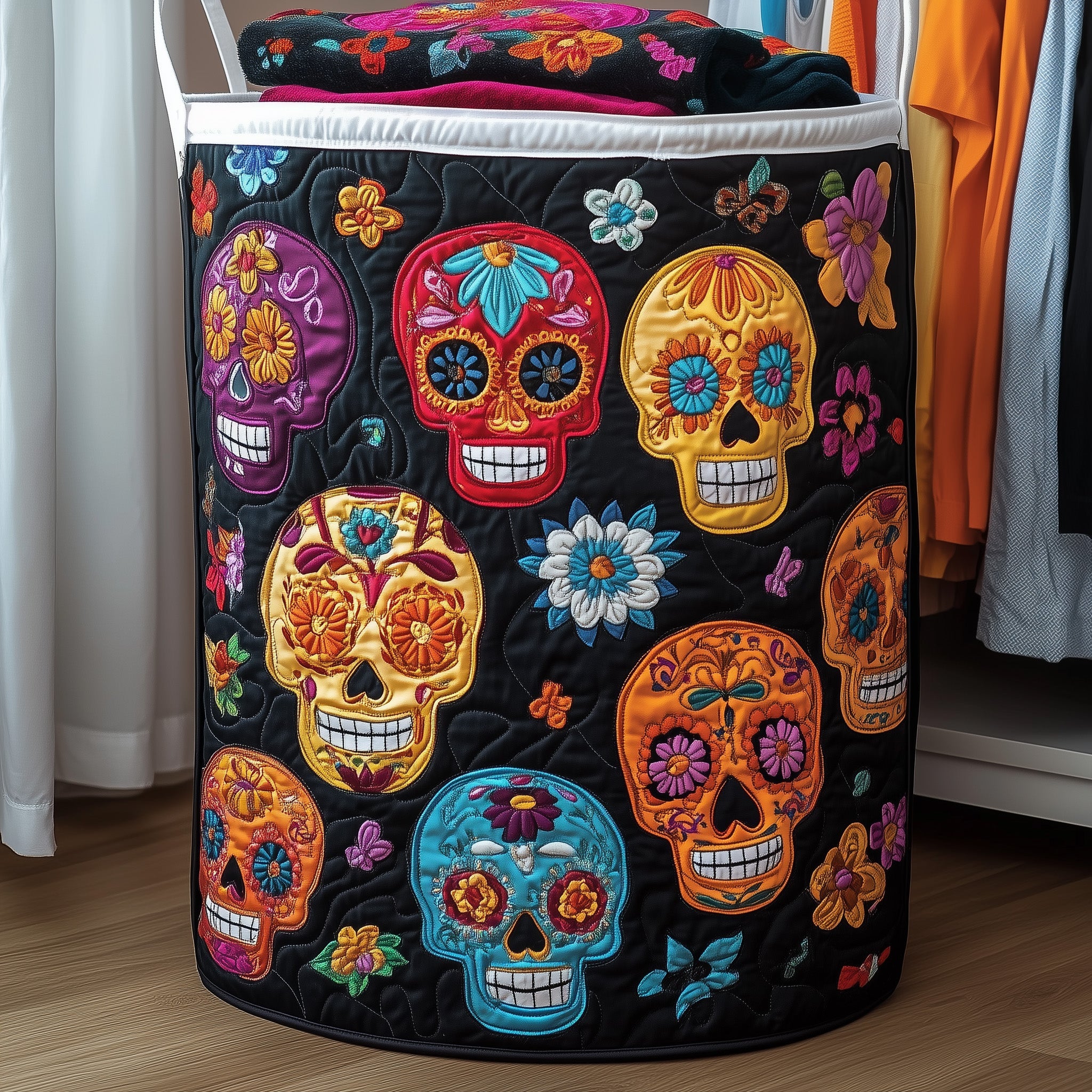 Dia De Muertos Quilted Laundry Basket Thanksgiving Merch Gift
