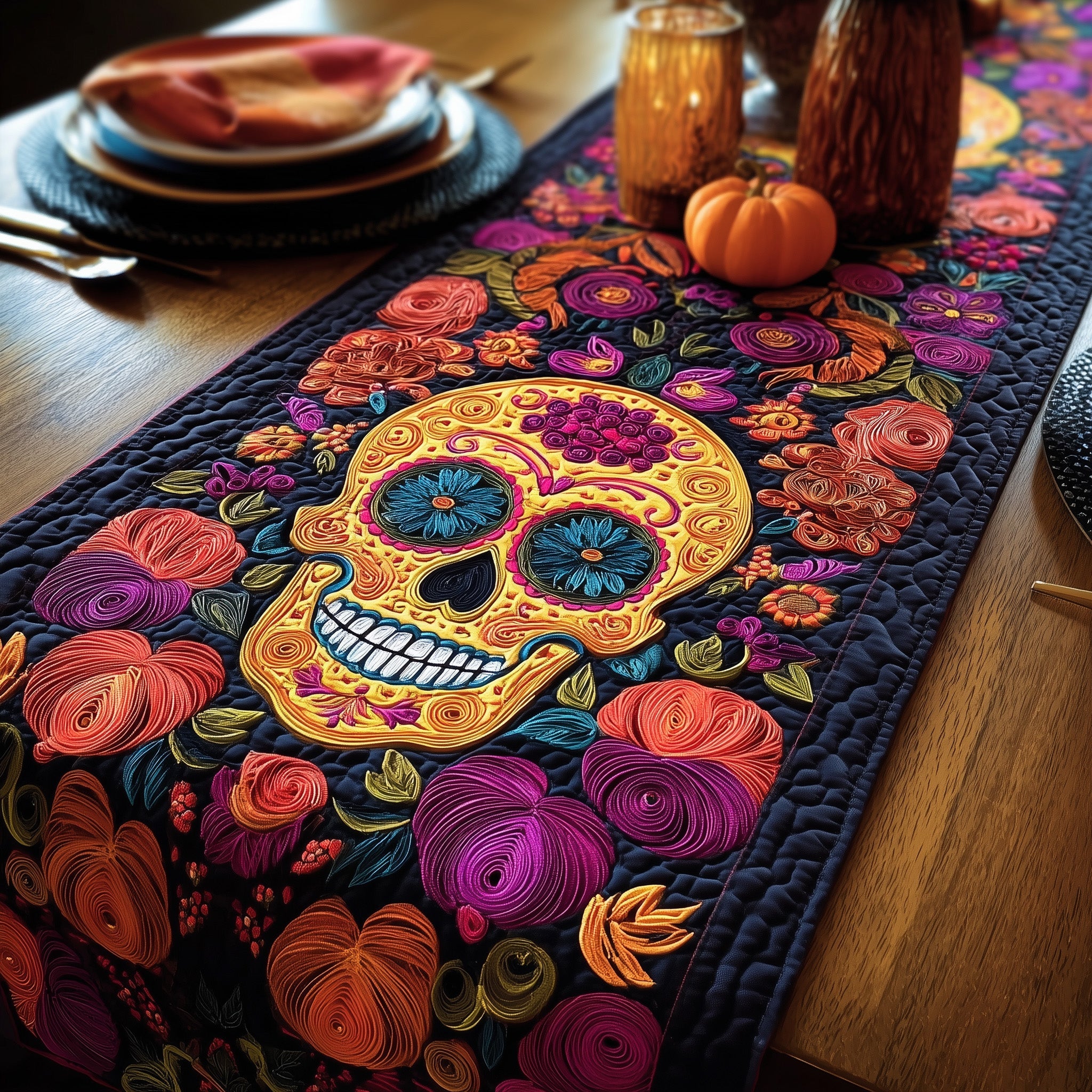 Dia De Muertos Quilted Table Runner Christmas Table Runner Gift Idea