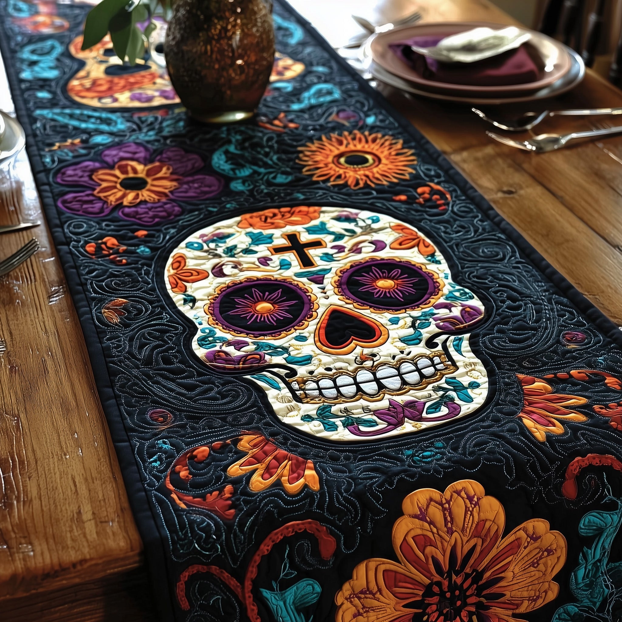 Dia De Muertos Quilted Table Runner Holiday Season Table Runner