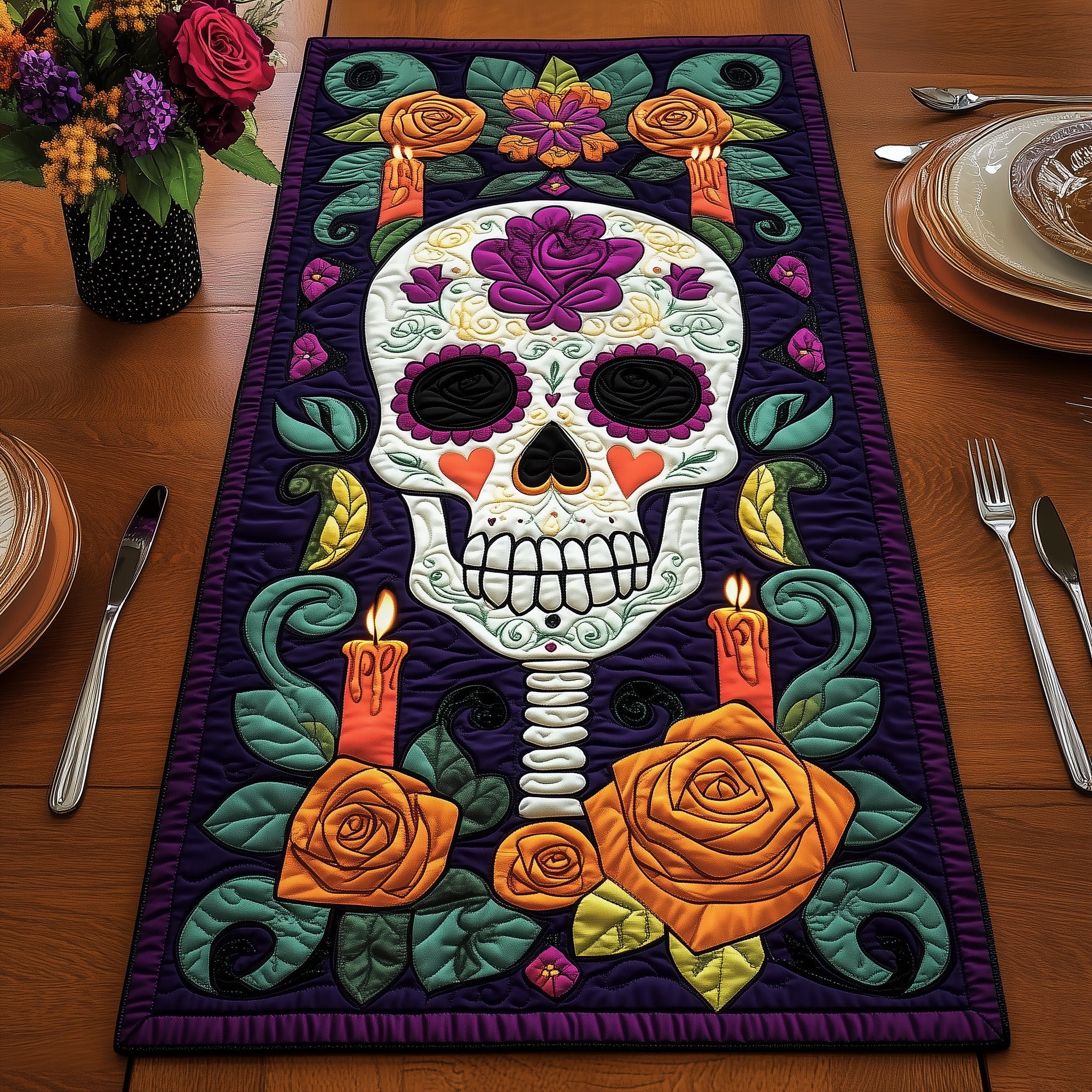 Dia De Muertos Quilted Table Runner Holiday Table Runner Decoration