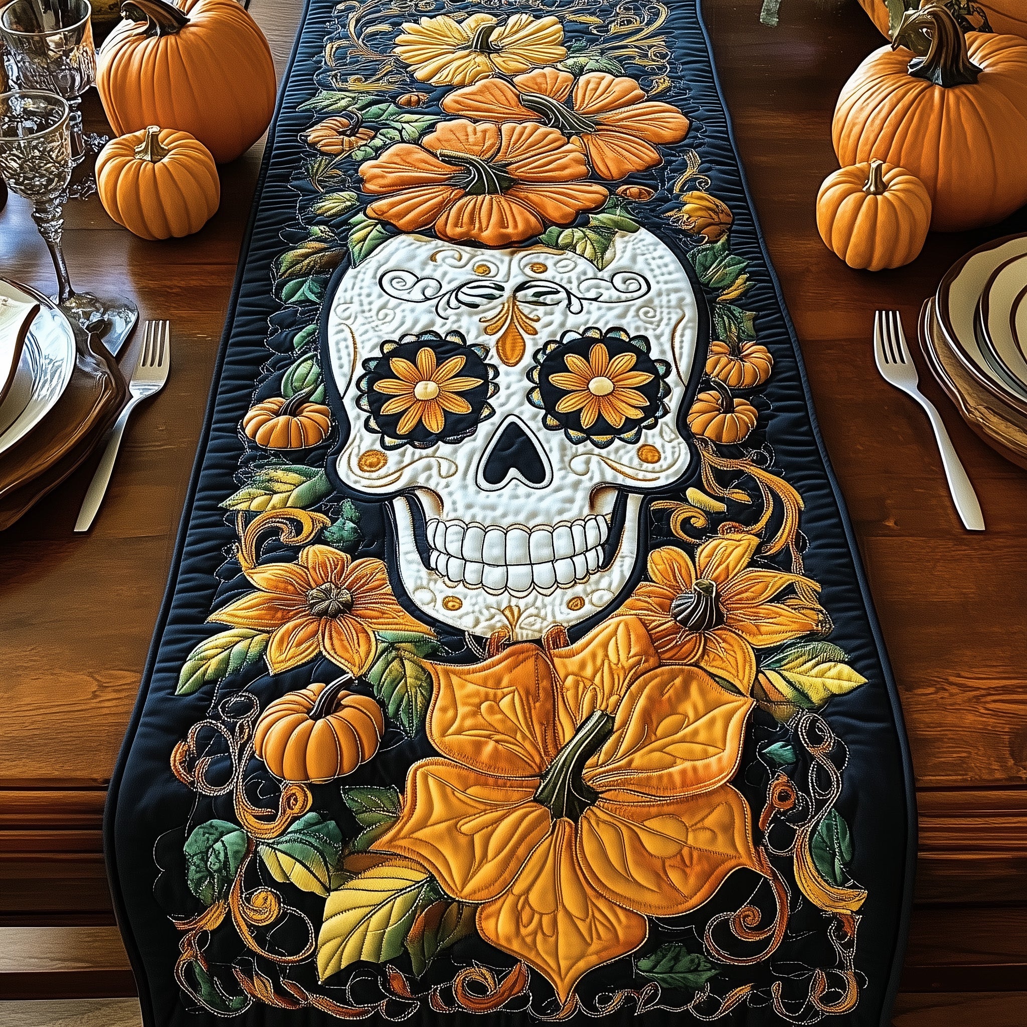 Dia De Muertos Quilted Table Runner Merry Christmas Table Runner Decor