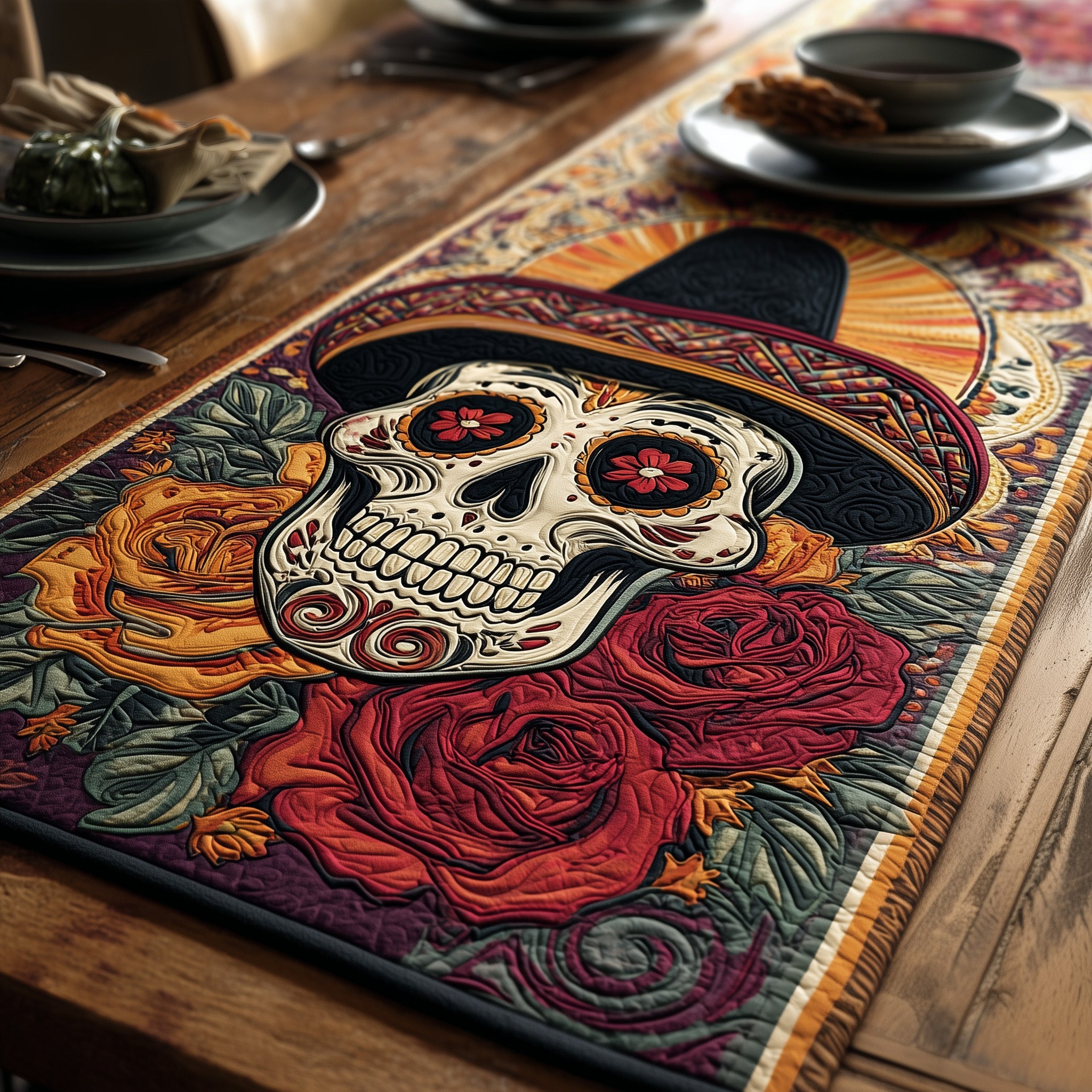 Dia De Muertos Quilted Table Runner Table Runner for Christmas Decor