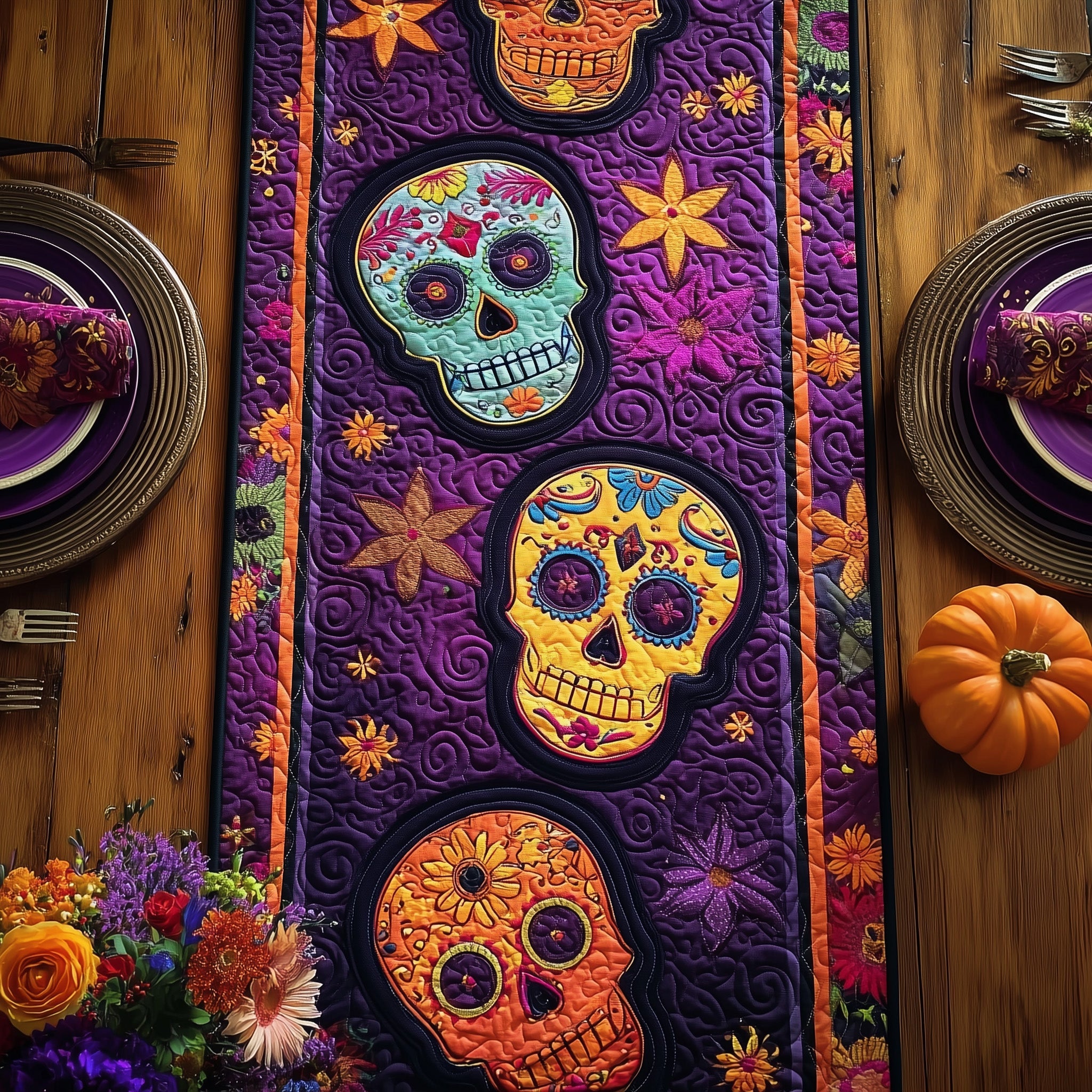 Dia De Muertos Quilted Table Runner Xmas Table Runner for Family Gatherings