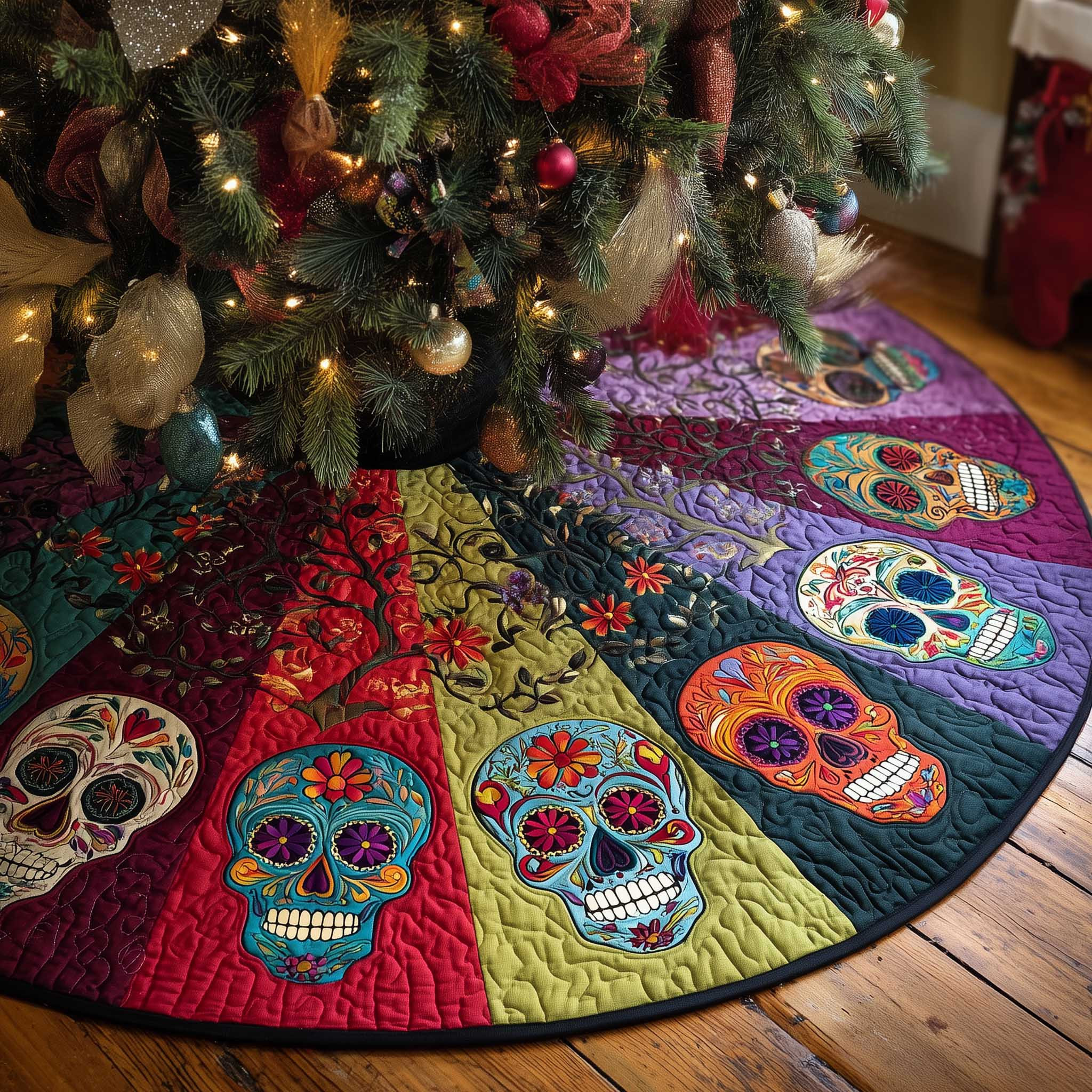 Dia De Muertos Quilted Tree Skirt Xmas Tree Skirt Holiday Gifts For Skull Lovers
