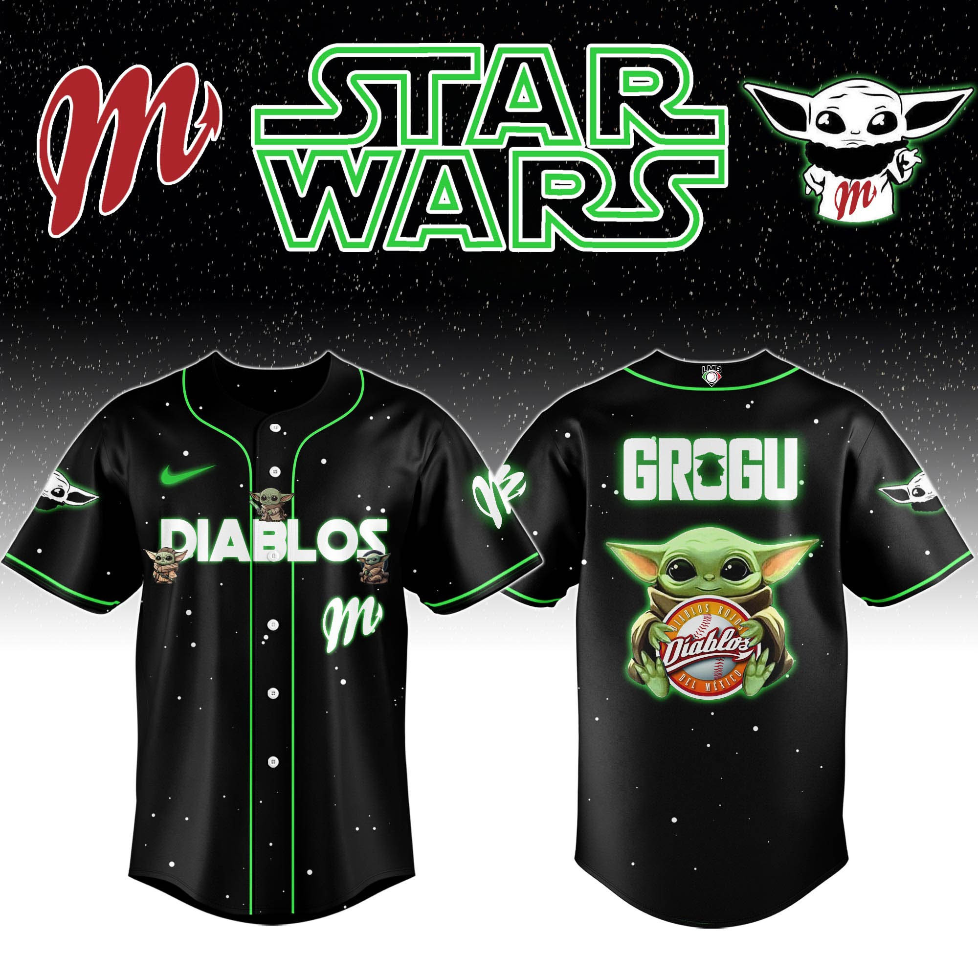 Diablos Rojos del Mexico x Star Wars Baby Yoda Game Night Jersey Presents For Baseball Lovers