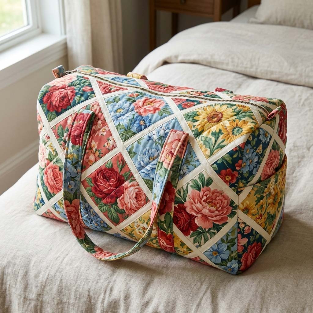 Diamond Floral Quilted Duffle Bag Rose Peony Garden Patchwork Best Gift For Her