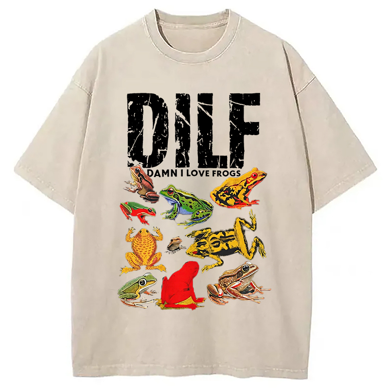 DILF Man I Love Frogs Funny Meme Washed T-Shirt Unisex Streetwear Graphic Style Gifts For Him