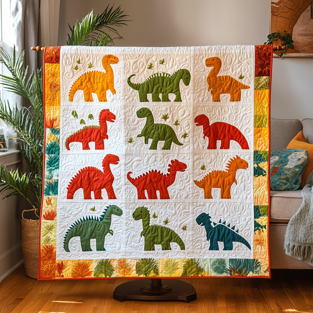 Dino Delight Quilted Blanket Christmas Room Decor Gifts For Dinosaur Lovers Adults
