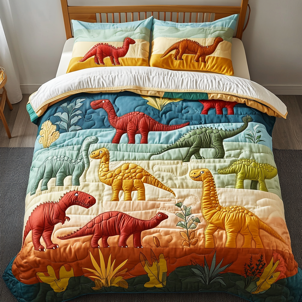 Dino Dreams Quilted Bedding Set Best Bed Sheet Set Dinosaur Gifts For Adults