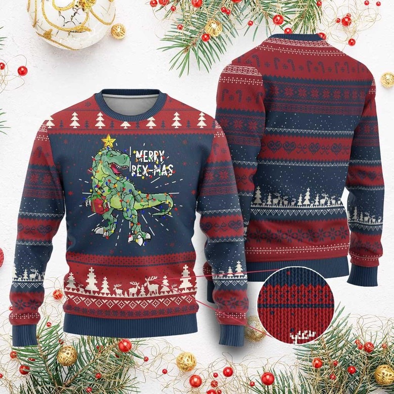 Dinosaur Merry Rex-Mas Ugly Christmas Sweater Xmas Tree Rex Lights Sweater Dino Gifts