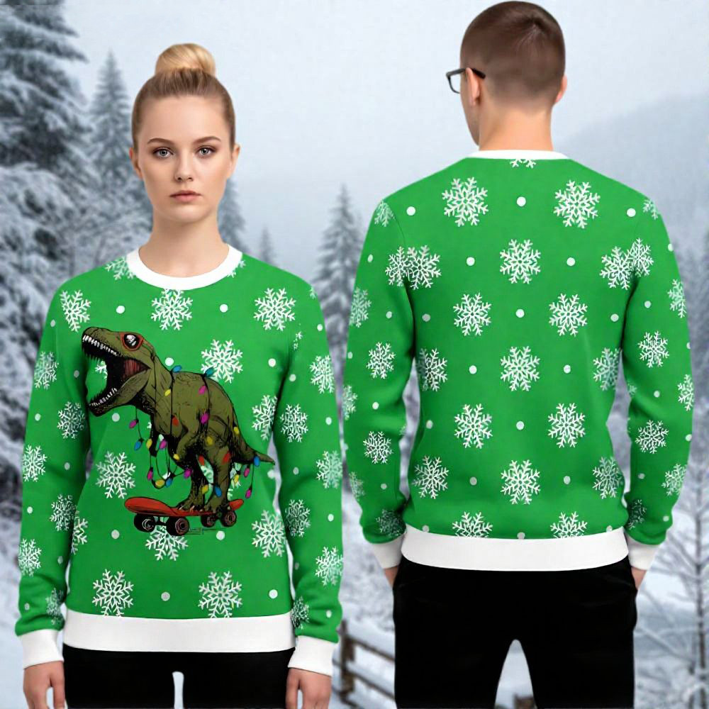 Dinosaur On Skateboard Ugly Christmas Sweater Christmas Clothing Gifts For Dinosaur Lovers