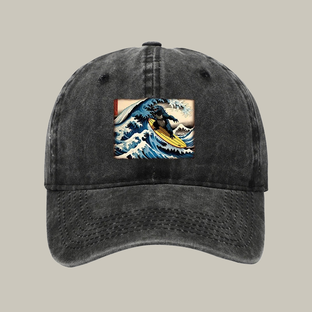 Dinosaur Surfing Japanese Washed Cap Funny Baseball Caps Christmas Gift For Dad
