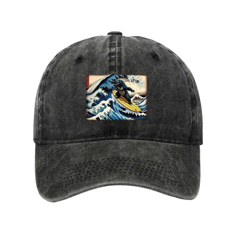 Dinosaur Surfing Japanese Washed Hat The Great Wave Art Trendy Cap Gifts For Surfers