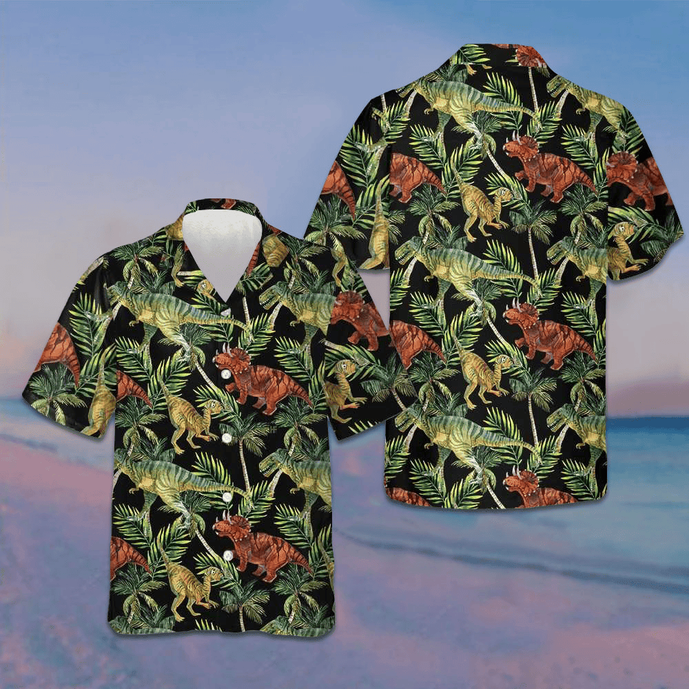Dinosaur Tropical Pattern Hawaiian Shirt Summer Button Down Shirts Gifts For Dinosaur Lovers